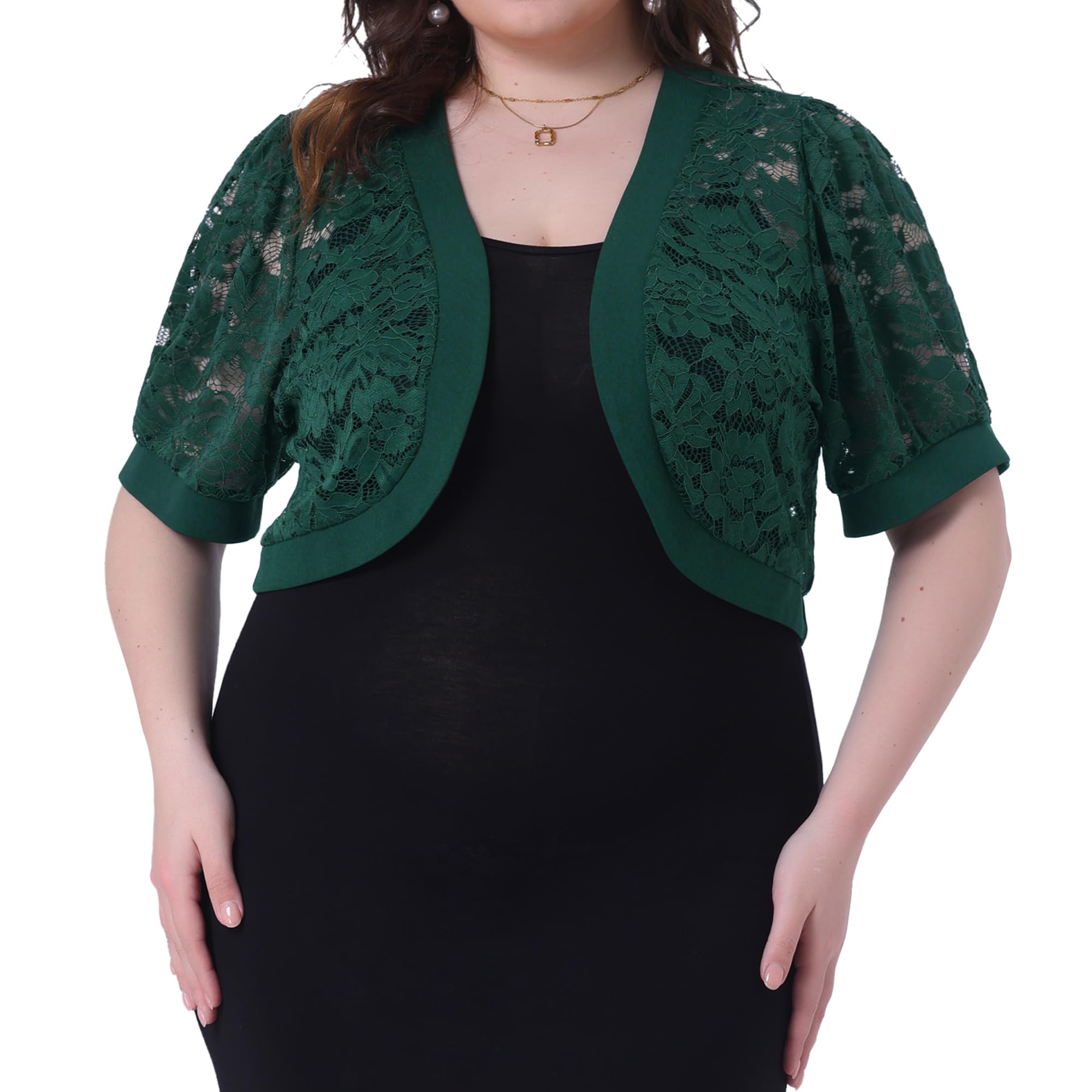 Agnes Orinda Women Plus Size Open Front Short Sleeve Lace Cropped Cardigan | Floral Sheer Bolero Shrugs For Dresses Solid Color Kimonos