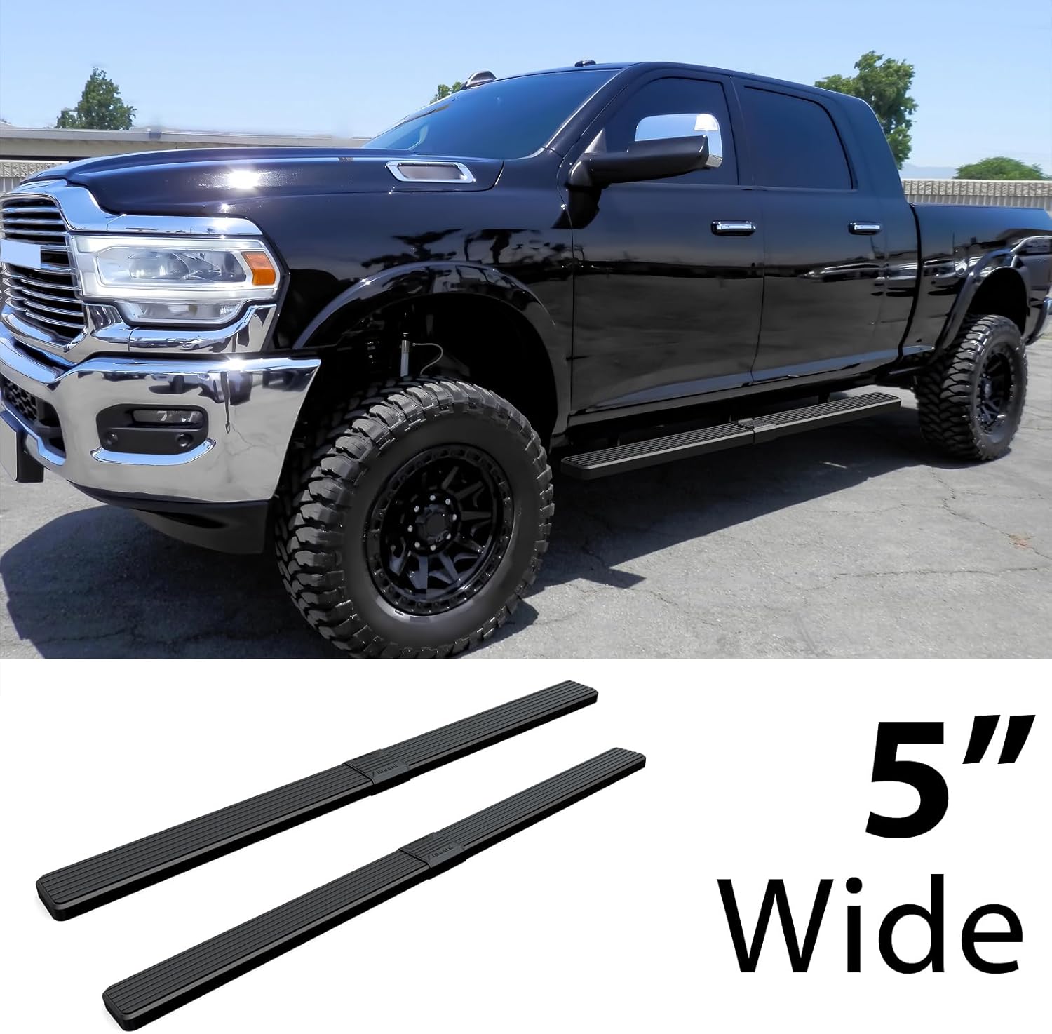 HD Ridez Stainless Steel Running Board Side Step 5in Black Compatible with Ram 2500 3500 2010-2026 Mega Cab (Nerf Bar Side Steps Side Bars)(96in Full Cab Version)