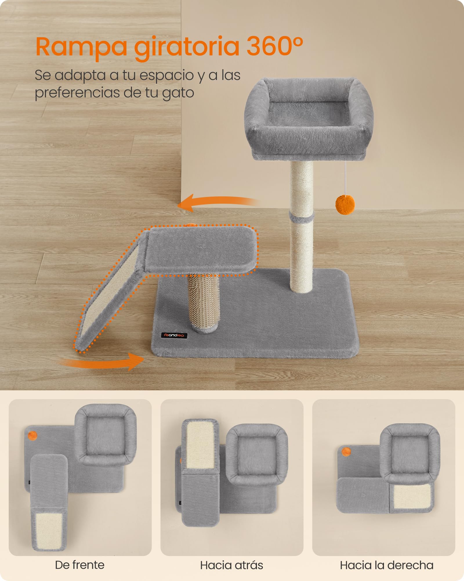 Feandrea Rascador con Cama, Rascador Multifuncional con Rampa Giratoria, Plataforma, Auto-Aseador, Pompones, Pequeño Árbol para Gatos de Interior, Gris Claro PCA024G01