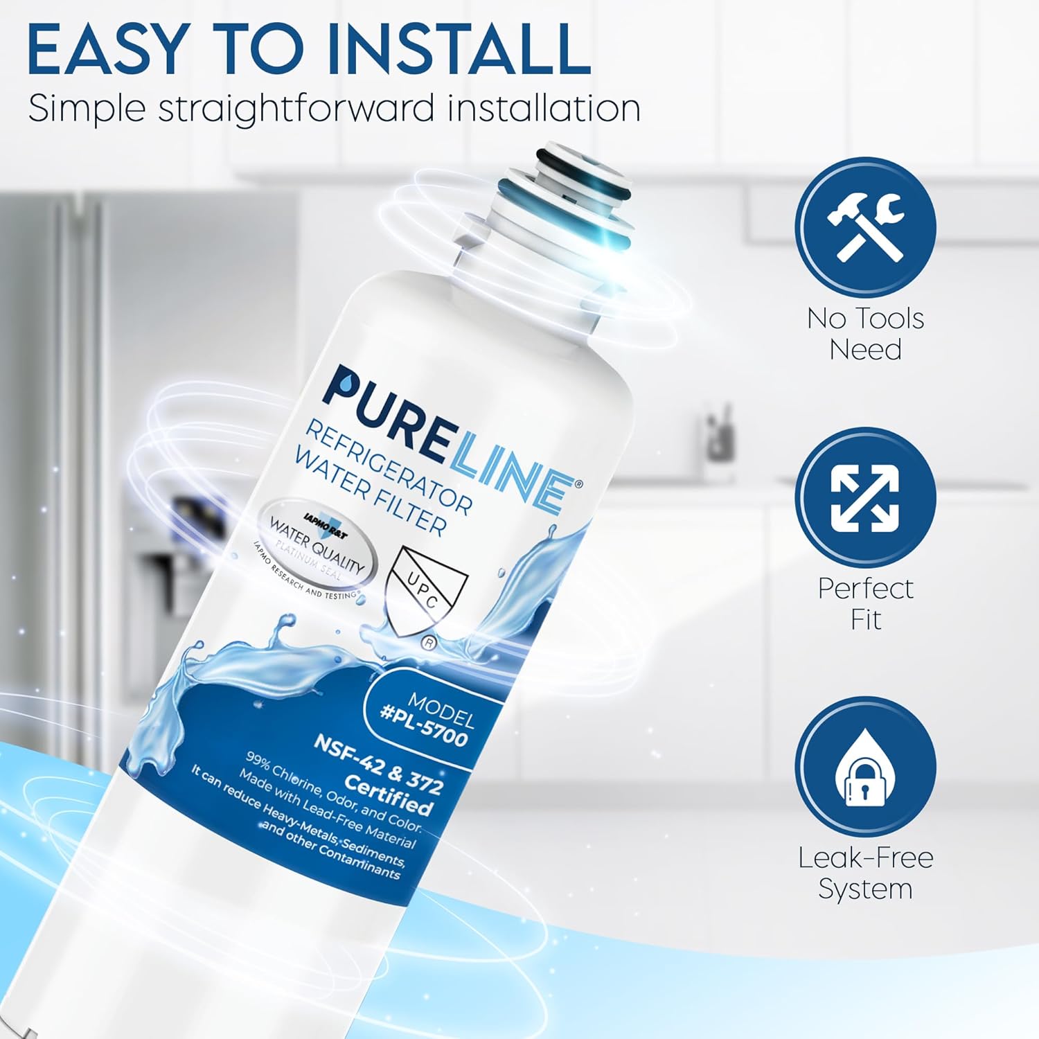 Pureline water filter with text 'Easy to Install' and icons for no tools needed, perfect fit, and leak-free system.