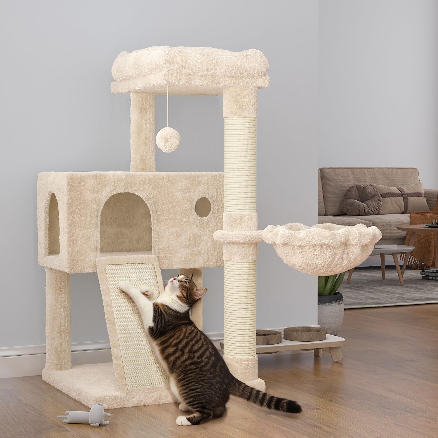 SHA CERLIN Cat Tree 36 Inches Cat Tower with Hammock, Sisal Scratching Post for Indoor Kittens, Small Room, Beige