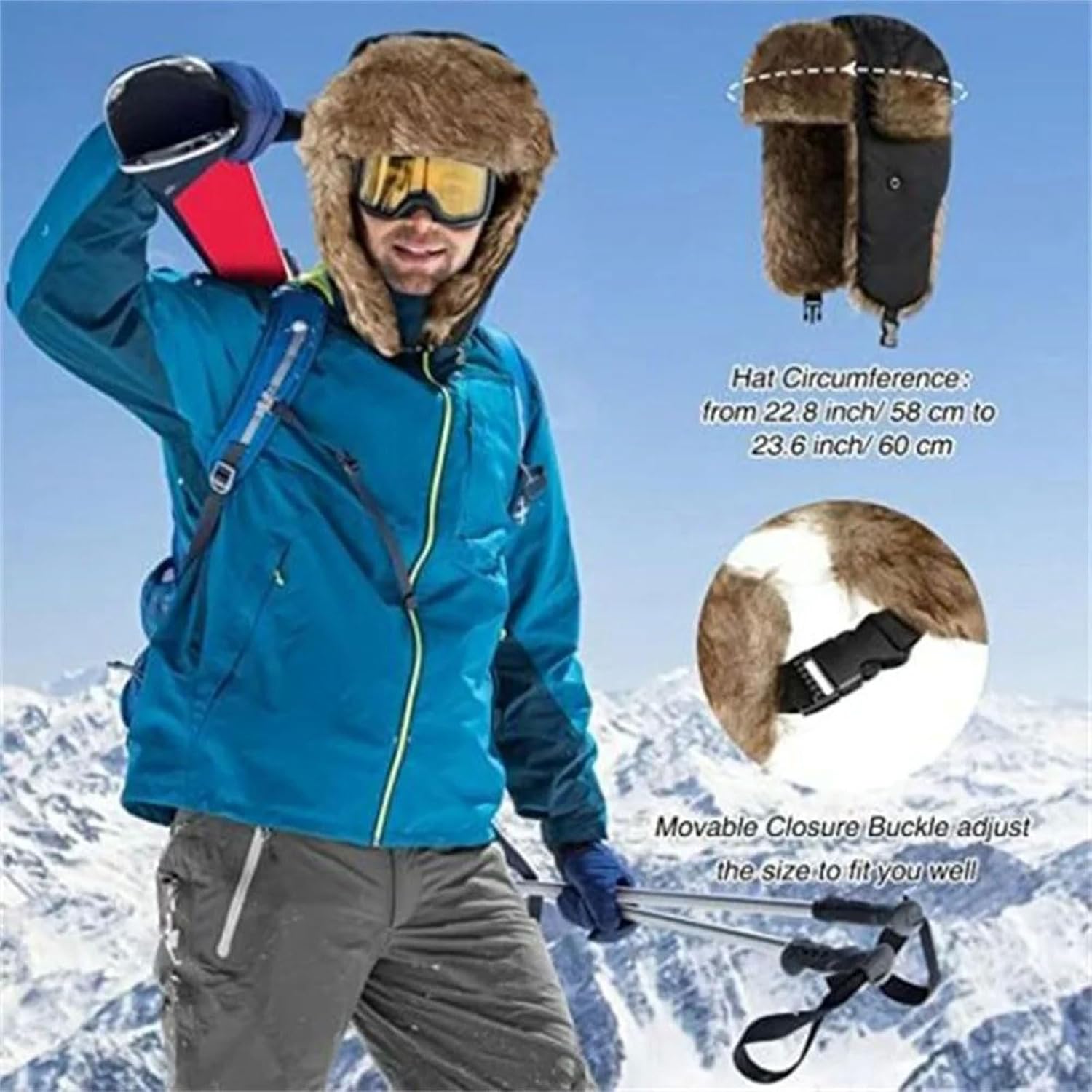 Men's Faux Fur Trapper Hat, Windproof Winter Cap with Ear Flaps for Skiing & Outdoor Activities