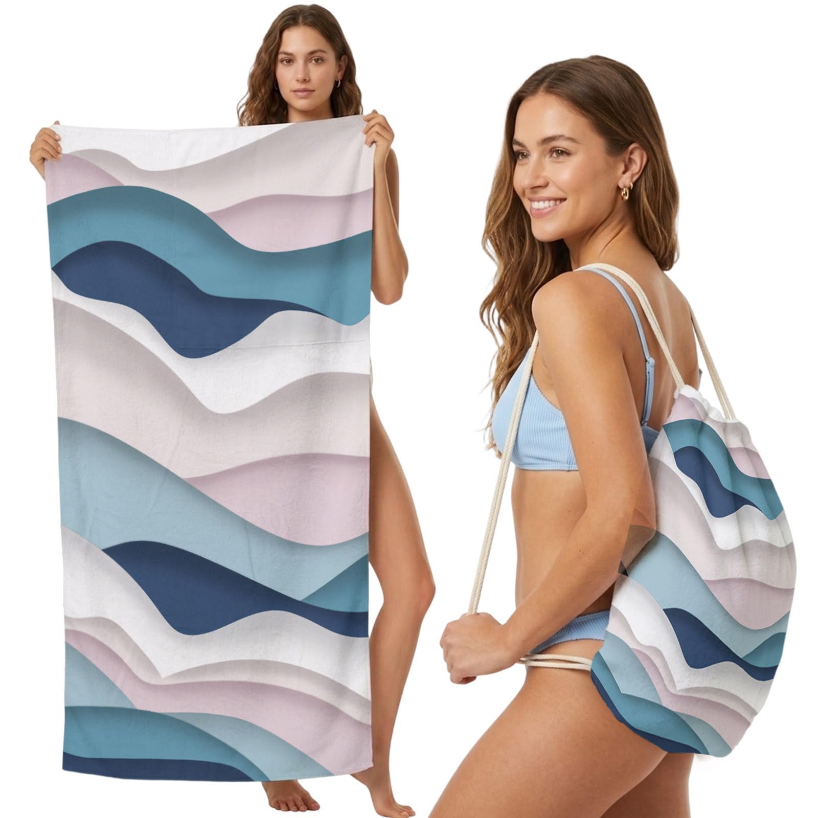 FWJZDSP Beach Towel Backpack Convertible Blue Pink Ombre Sand Free Quick Dry Towel Bag Abstract Sea Wave Beach Towel with Adjustable Straps for Travel Swimming Pool Beach Accessories 31.5x63in