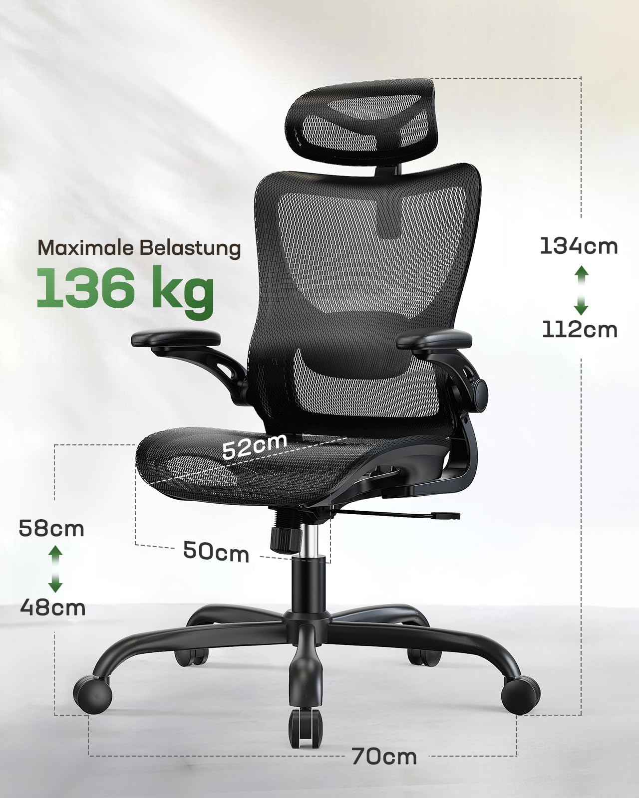 Marsail Ergonomiczne krzesło biurowe z wysokim oparciem z siatki, adaptacyjne podparcie okolic lędźwiowych, zagłówek 2D, składane podłokietniki 3D, regulacja wysokości i nachylenie przechylania, kolor