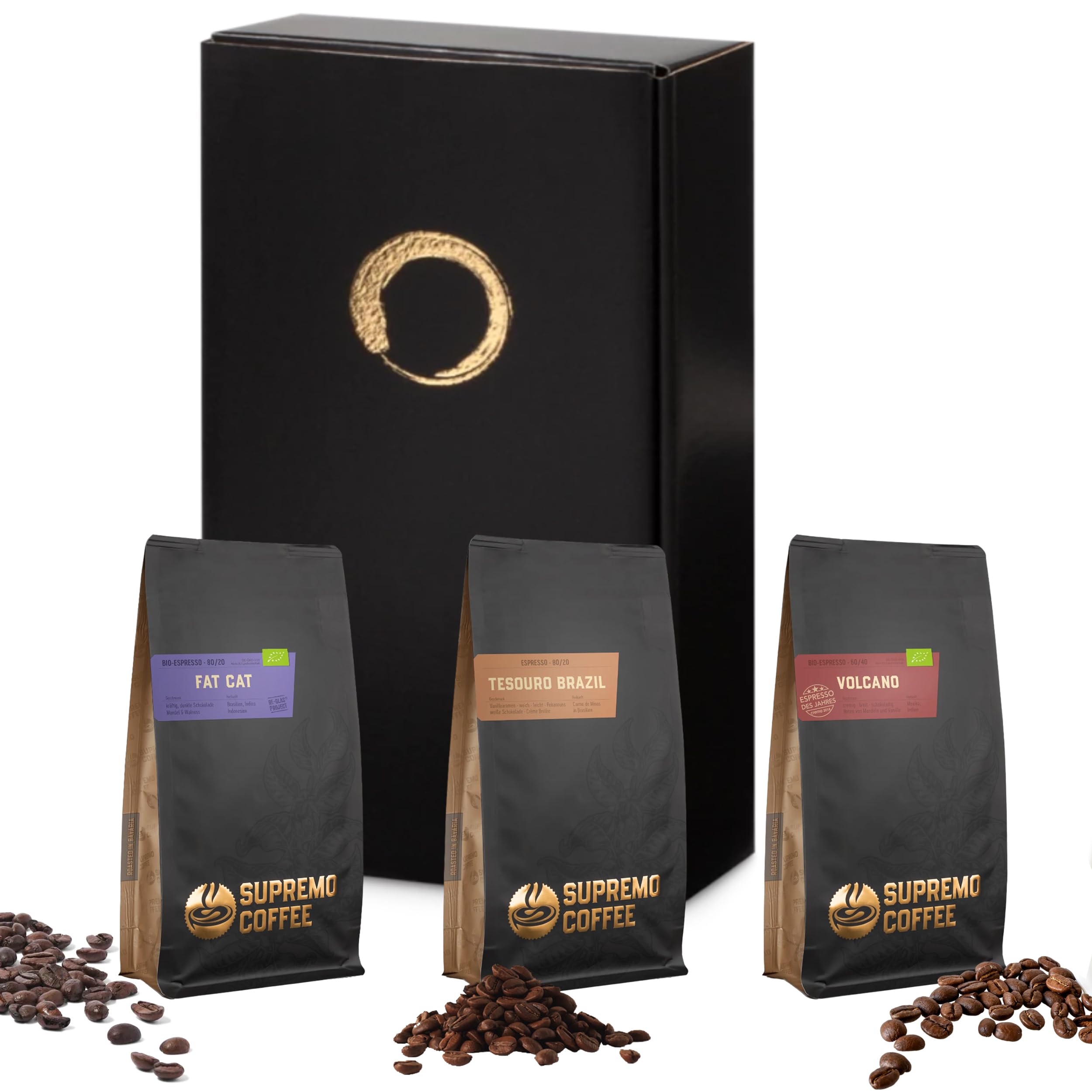 GUSTONE. Premium Espresso Geschenkset 3 edle Espressi von SUPREMO 750g Kaffee Box