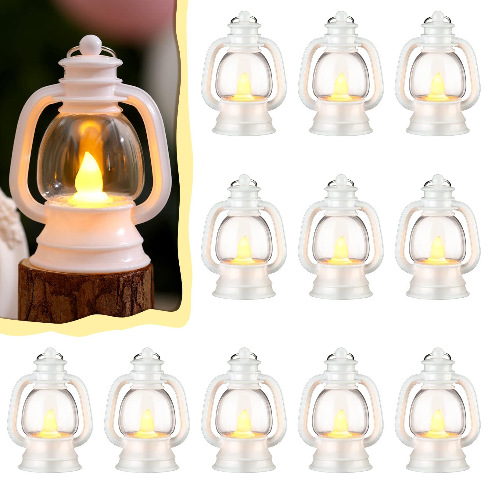 Ferraycle 12 Pcs Mini Lantern Decorative with Flickering LED Candle Bulk 4 Inch Hanging Candle Lantern Table Centerpiece Portable Vintage Lantern Ornament for Western Party Tree Photo Decor (White)