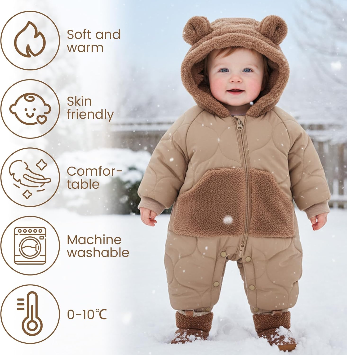JiAmy Baby Snowsuit Winter Romper Hooded Boys Girls Jumpsuit Bear Thick Windproof Cap Infant Winter Clothes - Image 2