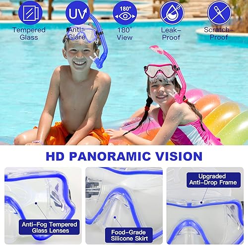 Miniatura 2 de AosDero Juego de esnórquel para niños aletas ajustables para natación máscara de esnórquel panorámica tubo de esnórquel seco  bolsas de viaje equipo