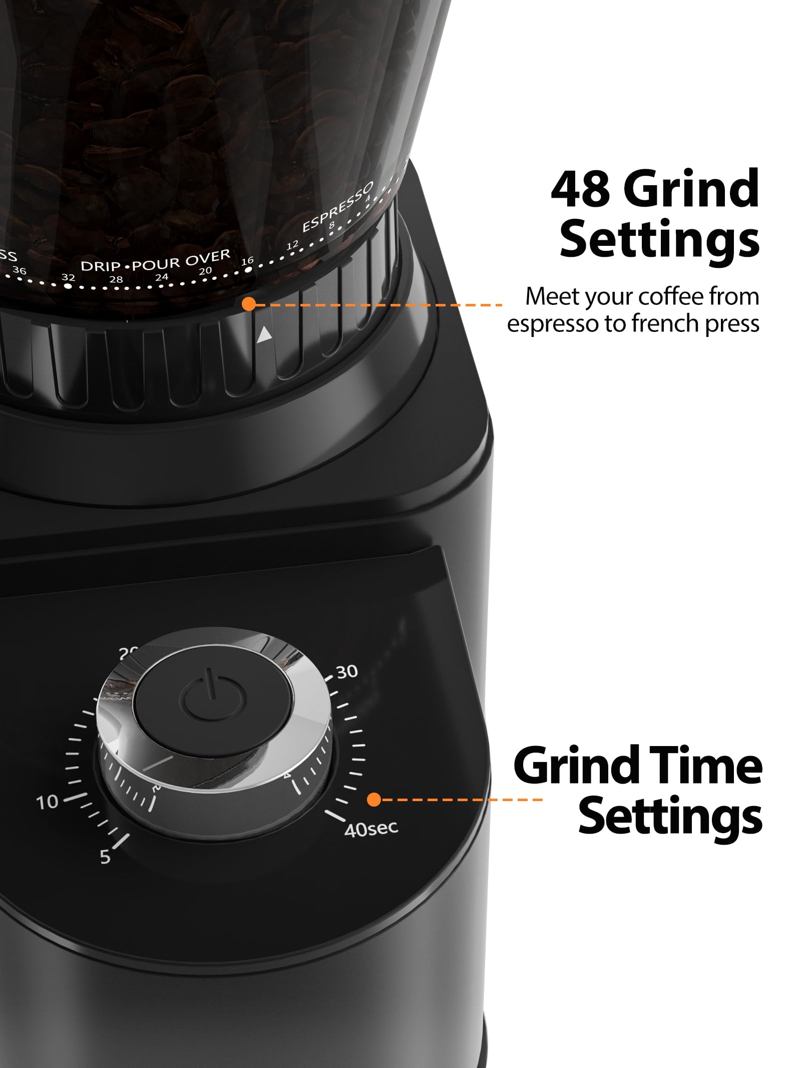 Aromaster - Molinillo de frijoles de café con 48 ajustes de gind, molinillo de café cónico para uso doméstico, acero inoxidable, temporizador ajustable de 40 segundos, antiestático, fácil de limpiar