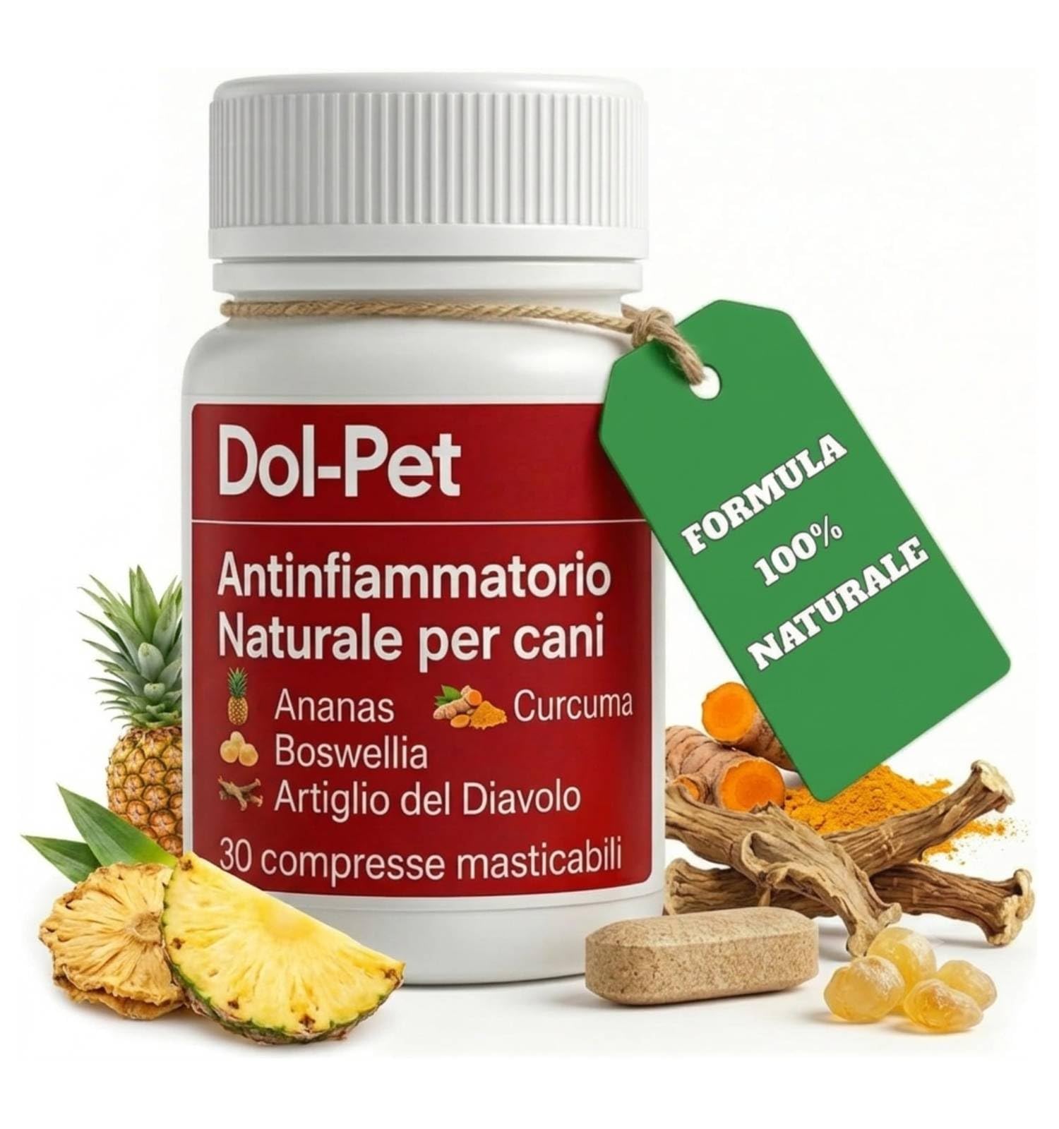 Dol-Pet Antinfiammatorio Naturale per Cani e Gatti – Compresse Masticabili con Boswellia Serrata, Curcuma e Artiglio del Diavolo – Dolori Articolari, Muscolari e Mobilità – 30 Compresse al Gusto Carne