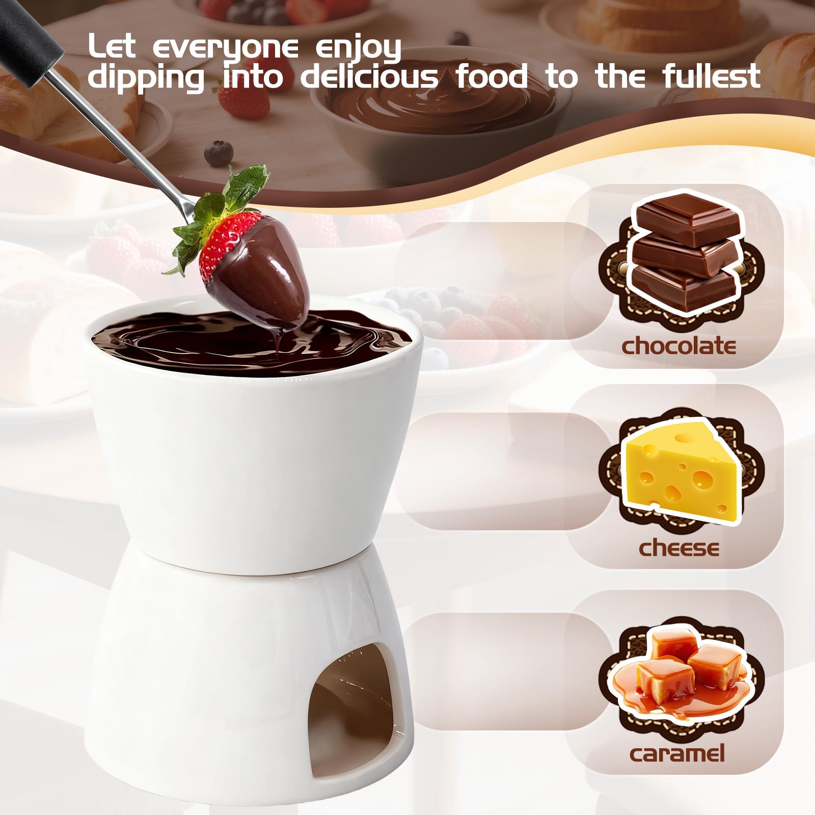 Set à Fondue Au Chocolat,Service à Fondue en Céramique Compatible Lave-Vaisselle,Comprend 2 Fourchettes et Un Petit Chandelier,Convient pour Les Repas en Famille, Fromage, Chocolat