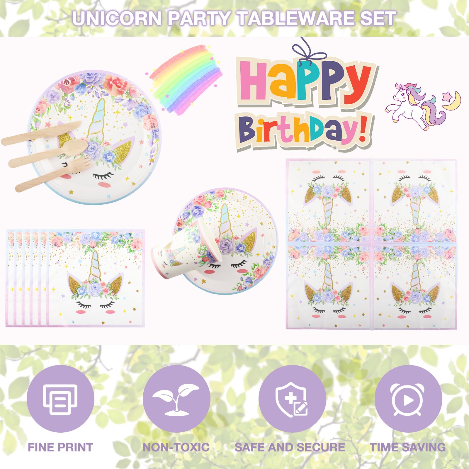 Assiettes Anniversaire Rose Licorne 200 Pièces - Set Vaisselle Fête 25 Invités Vexillic