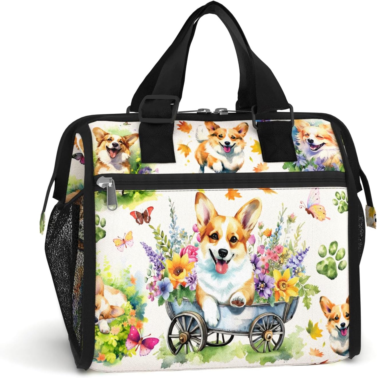 84hoods Insulated Lunch Bag for Women. Large Lunch Box for Work Office Travel Picnic with Adjustable Strap. Gift for Corgi Lovers Owners. Flowers Garden.