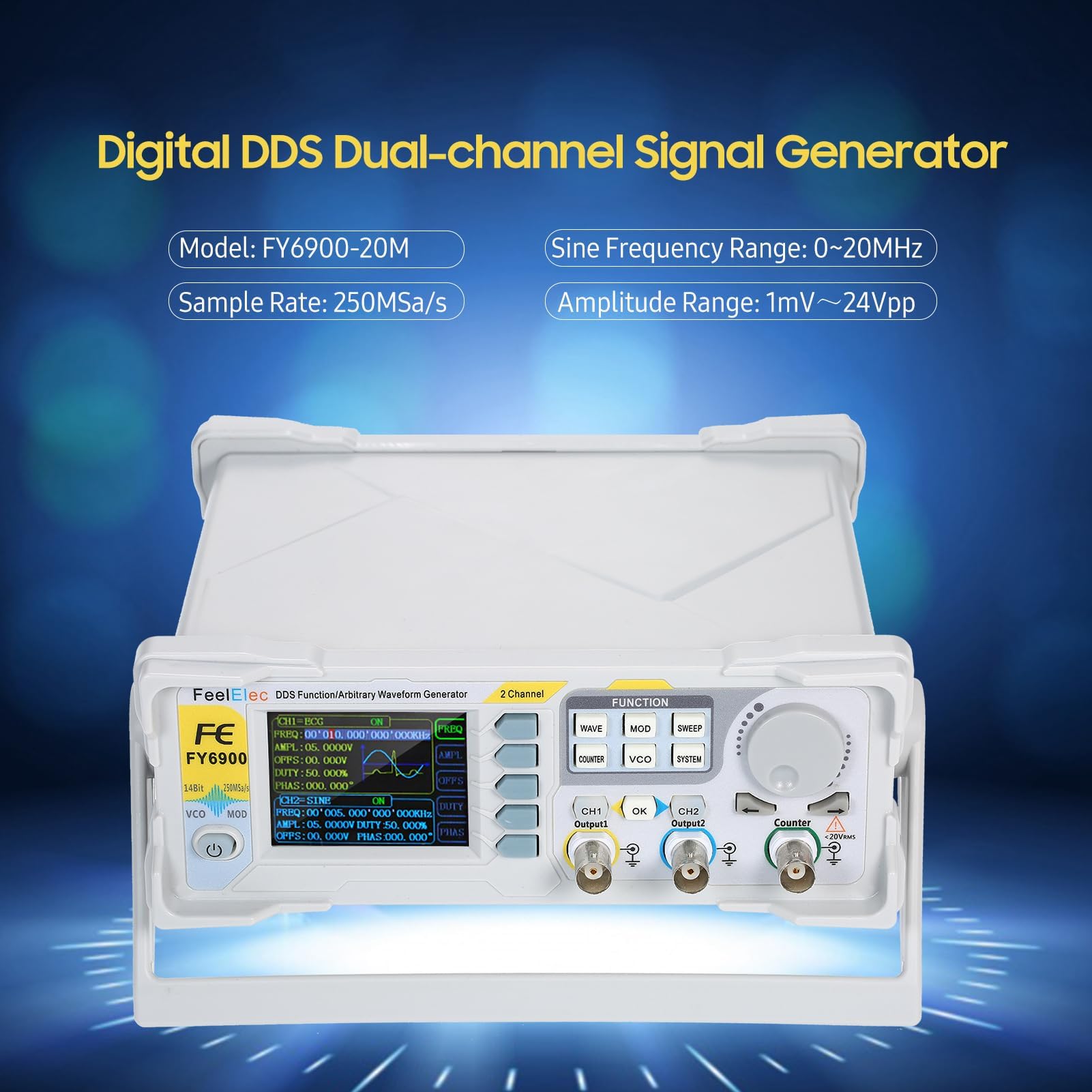 Ejoyous 60MHz DDS Signalgenerator Arbiträre Wellenform Generator Funktionsgenerator mit 2.4 Zoll TFT LCD MagicPulse Technologie AM/FM/PM/ASK/FSK/PSK Modulation (EU-Stecker FY6900-20m)