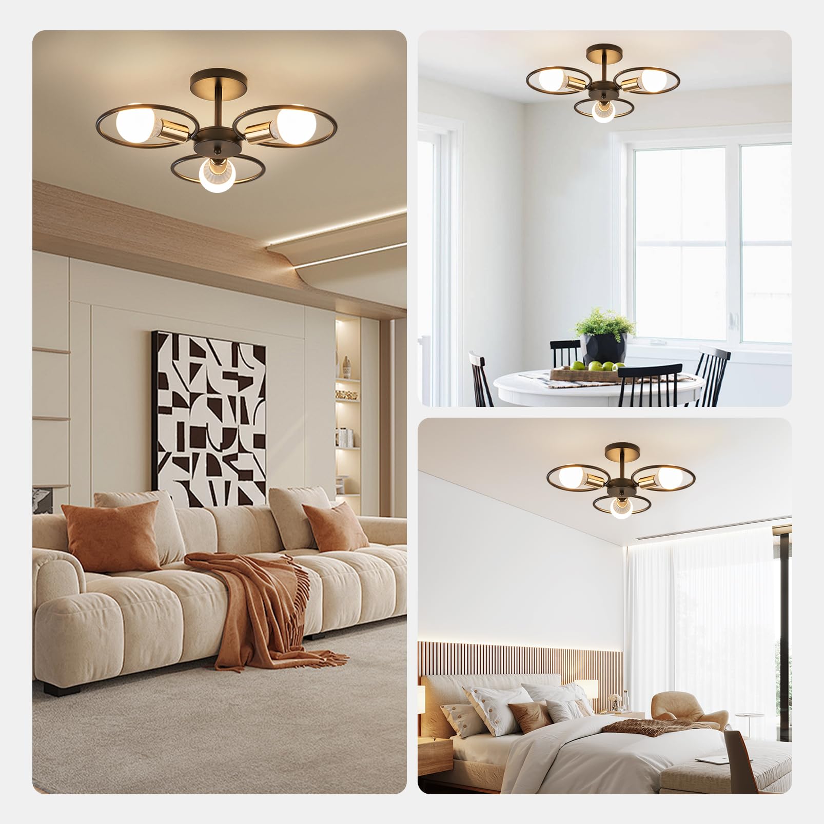 YOODI Plafonnier Industriel Lustre Plafonnier 3 Bulbs, Luminaire Salon Lustre Cuisine Moderne Luminaire avec Base E27, Éclairage de Plafond en Métal Lustre Chambre Intérieur (Sans Ampoule)