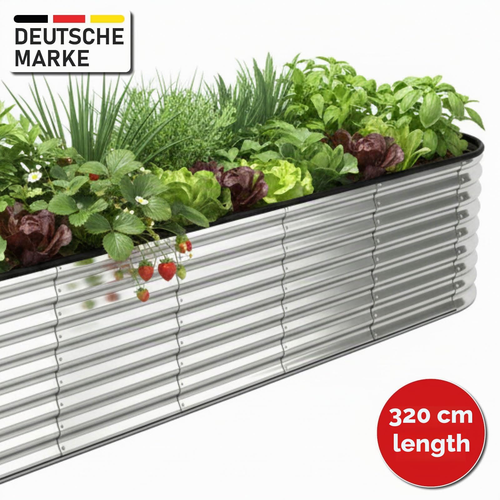 BRAST Hochbeet Metall Julia | 160x80x80-400x80x80cm | viele Modelle | extra viel Zubehör | Stahl rostfrei & verzinkt | wetterfest ovale Form | für Gemüse Obst Kräuter & Blumen | 320x80x80cm Silber