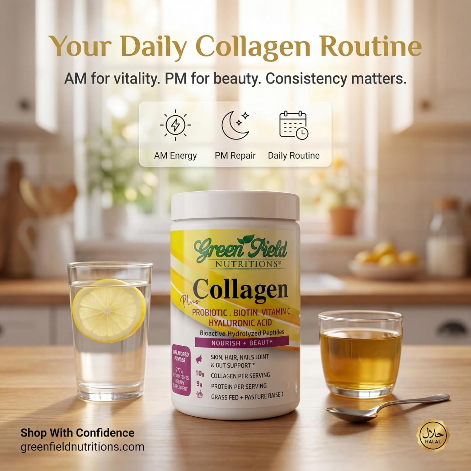 Greenfield Nutritions Halal Collagen Peptides Powder - 9g Halal Protein Probiotic, Biotin, Hyaluronic Acid & Vitamin C - 270g Halal Collagen for Women & Men - Supports Hair, Skin, Nails, Joints & Gut - Image 4