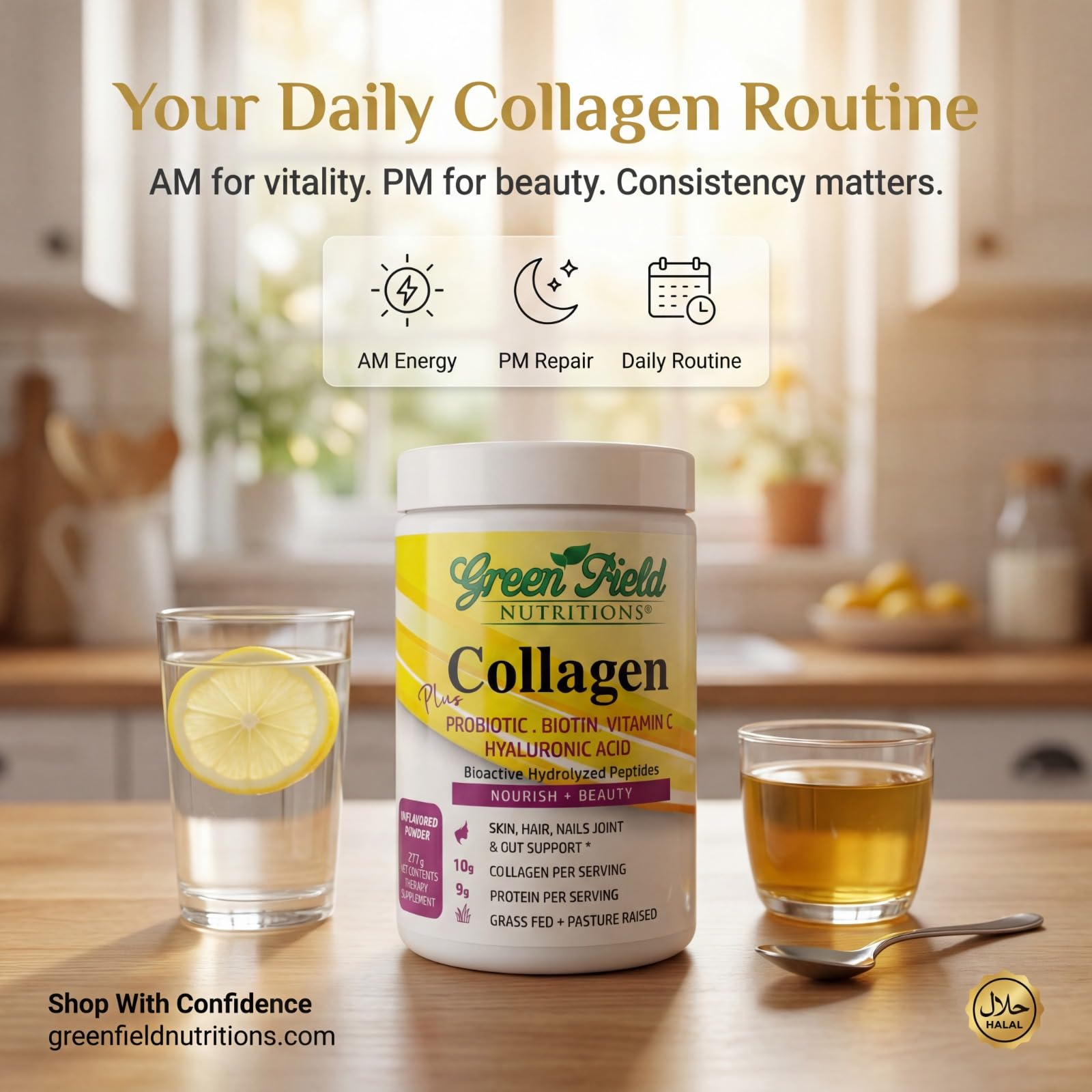 Greenfield Nutritions Halal Collagen Peptides Powder - 9g Halal Protein Probiotic, Biotin, Hyaluronic Acid & Vitamin C - 277g Halal Collagen for Women & Men - Supports Hair, Skin, Nails, Joints & Gut — Amazon image 3