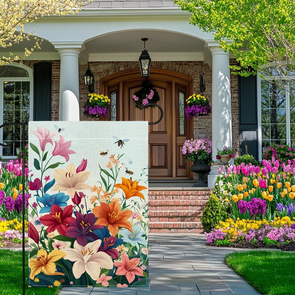 Spring Lily Colorful Floral Garden Flag 12x18 Inch Double Sided Welcome Summer Bee Flower Yard Outdoor Flag House Holiday Outside Decoration - Image 2