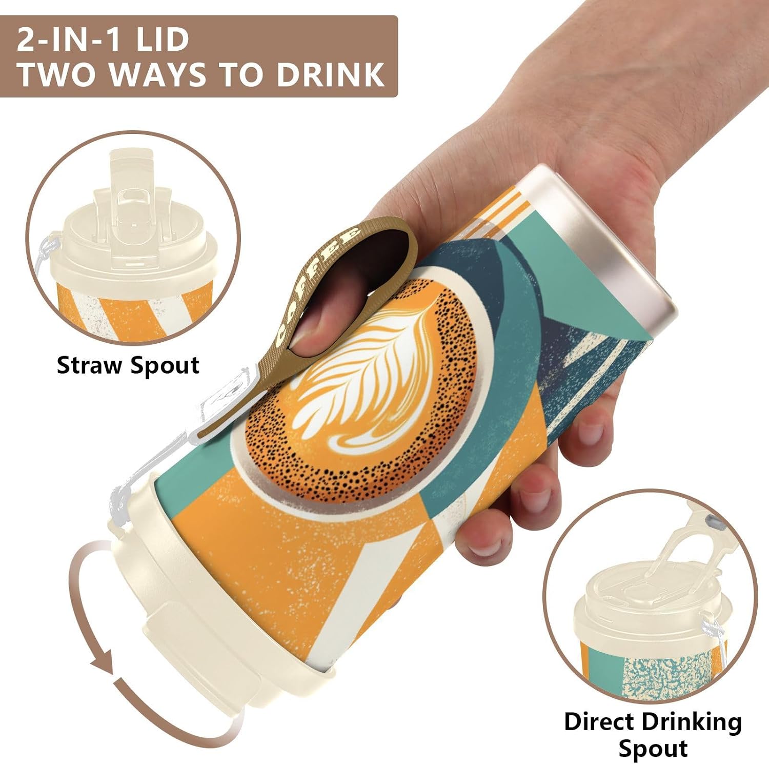 Insulated Coffee Mug Coffee Boho with Straw & Flip Lid, 16.9oz Iced Tumbler Cup, Double Wall Vacuum Mug for Travel Office Camping