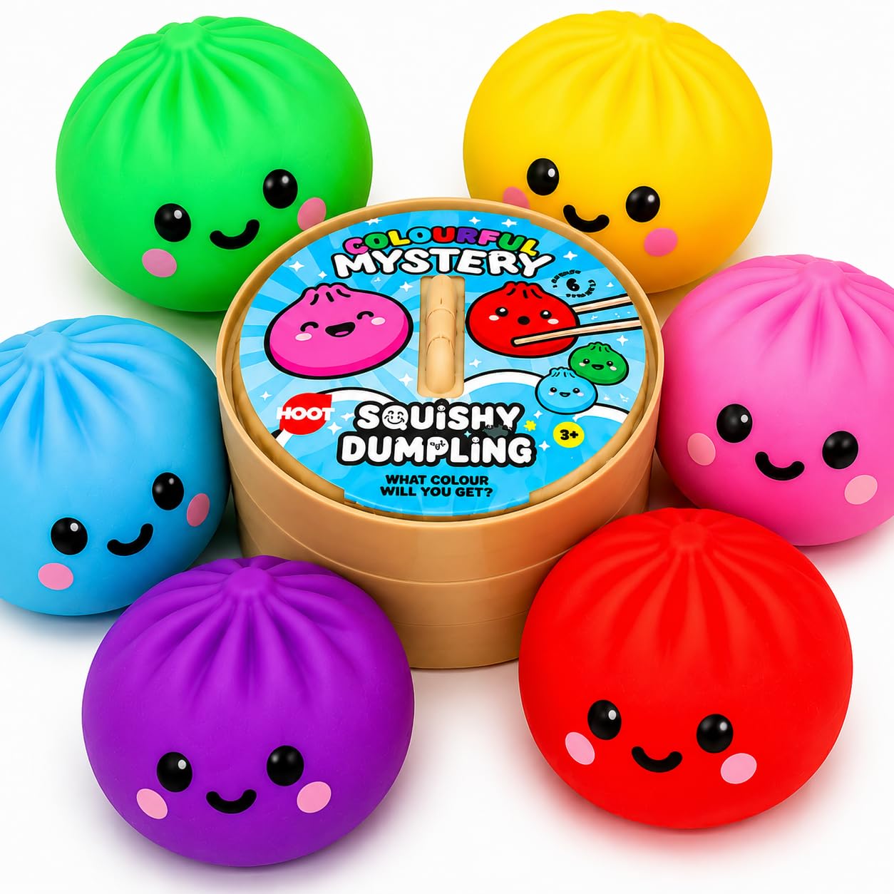 Mystery Dumpling Squishy Fidget Toy in Reusable Steamer Box, 1 Random Colour, Bao Bun Squishy Dumplings Toys, Squeeze Fidgets, ASMR Dumplins, Dumpling Squishies Pack, Kids Party Bag Gifts, 3+ Yrs