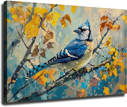 Blue Jay Wall Art, Blue Jay Painting of Bird Wall Art, Blue Jay Canada Autumn Paint Poster, North America Wildlife Wall Art Ready To Hang Framed,2840 inch