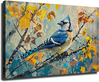 Blue Jay Wall Art, Blue Jay Painting of Bird Wall Art, Blue Jay Canada Autumn Paint Poster, North America Wildlife Wall Art Ready To Hang (Framed,12×18 inch)
