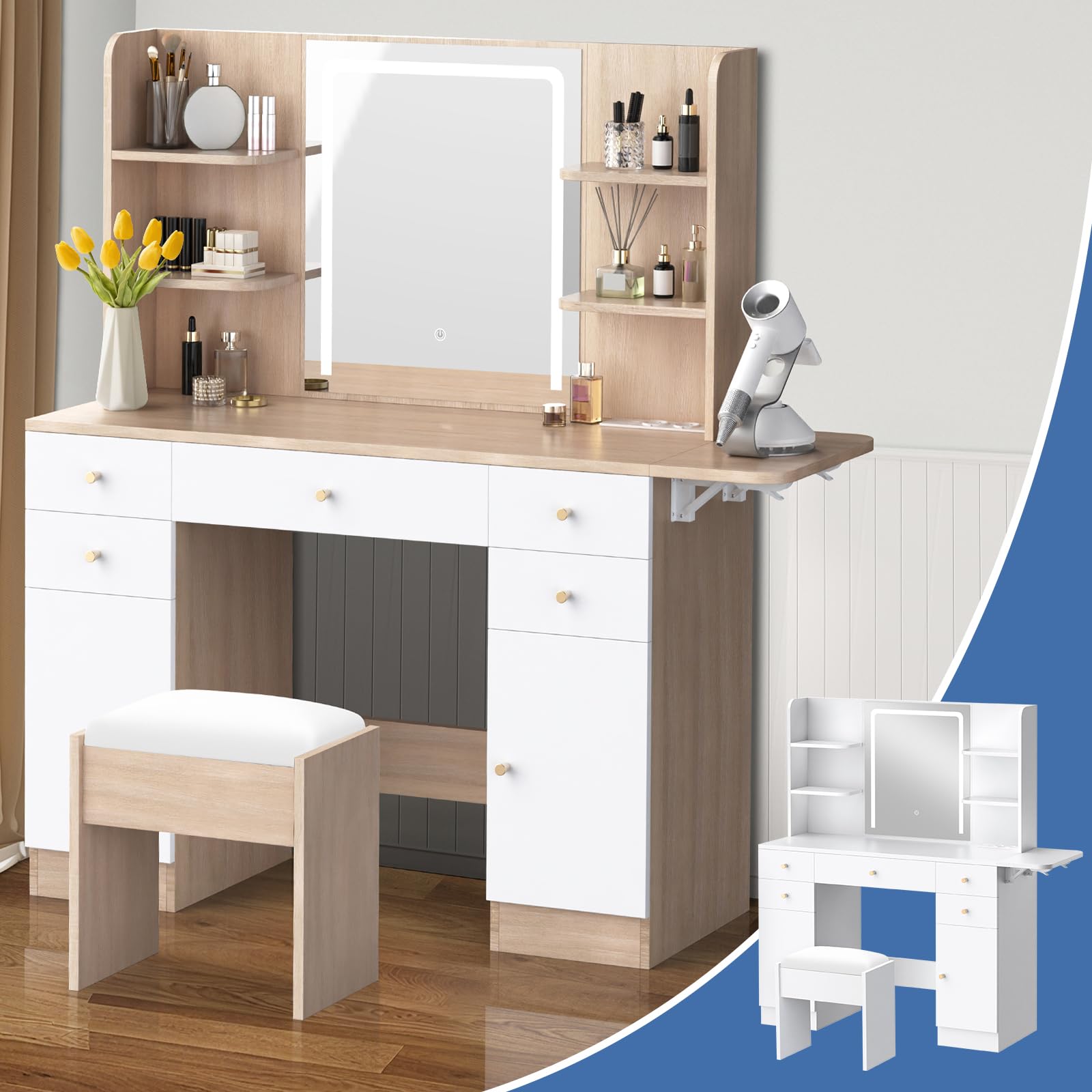 ALFORDSON Schminktisch mit Beleuchtung, Hocker, 6 Offene Regale, Eiche