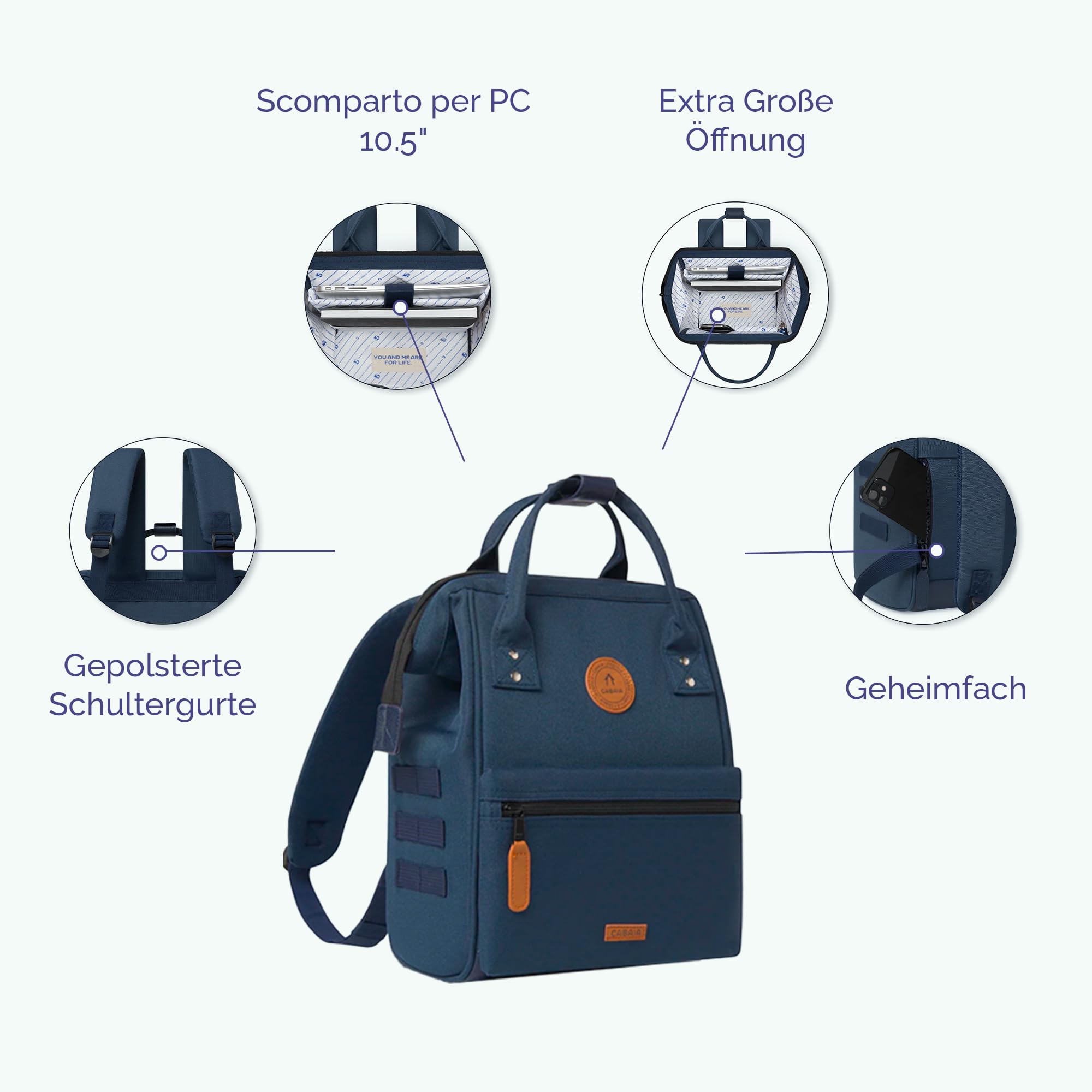Cabaïa - Zaino Adventurer - Idrorepellente - scomparto per PC fino a 15" - 2 tasche intercambiabili - Vegan certificato - Zaino da viaggio, lavoro e scuola - Rosso