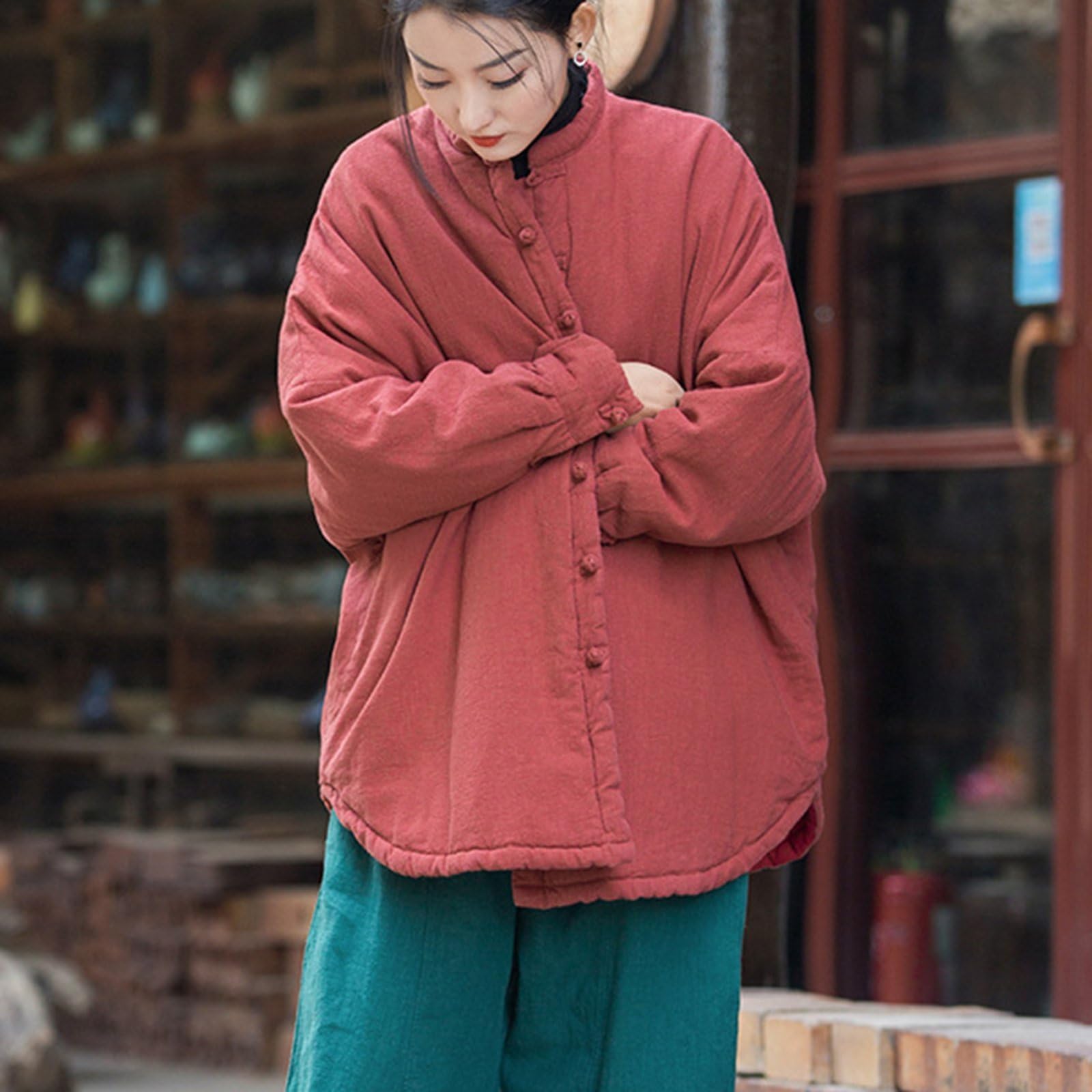 Veste Femme Style Chinois RéTro Court Hiver Ethnique Coton Matelassé Bouton Veste Femme Traditionnelle Haut