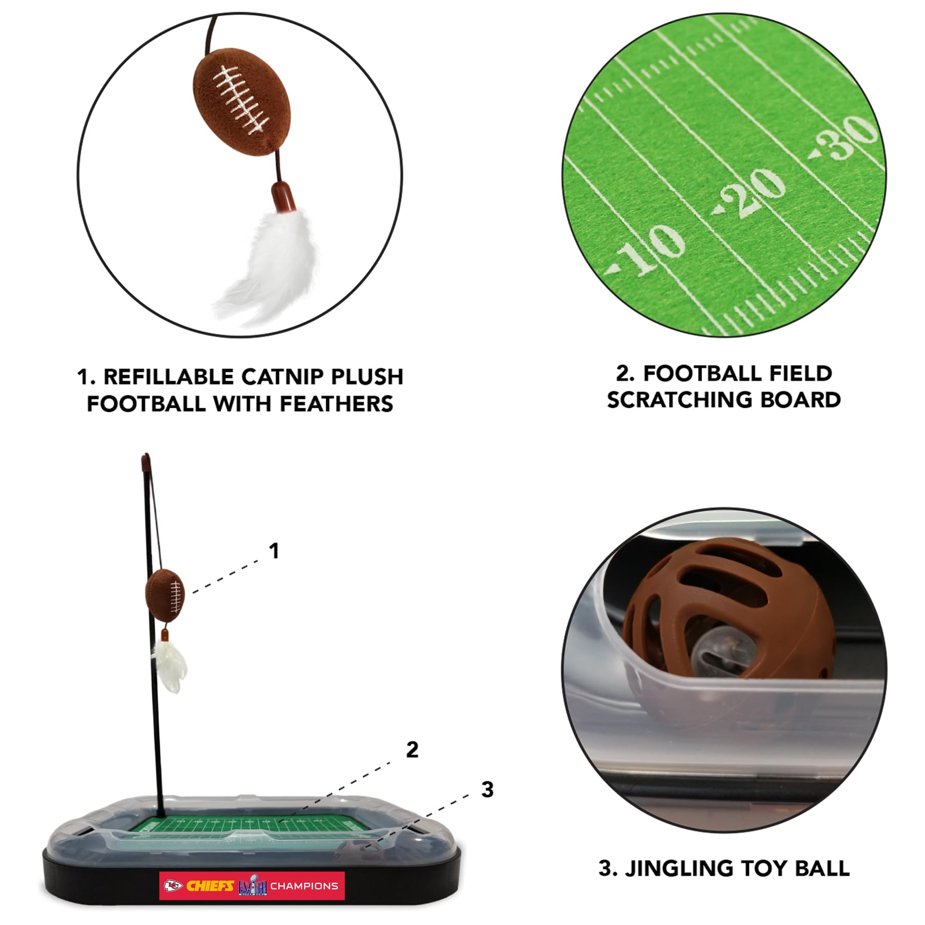 Pets First NFL Superbowl Champion Football Field Cat Scratcher Toy con relleno de hierba gatera, juguete de fútbol de peluche y colgante de plumas, con cascabel, logotipo del equipo ganador, juguete