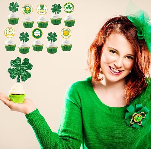 Miniatura 4 de 12 piezas de decoración para cupcakes del día de San Patricio, trébol, bandera irlandesa, aperitivos de la suerte, palillos de dientes, decoración