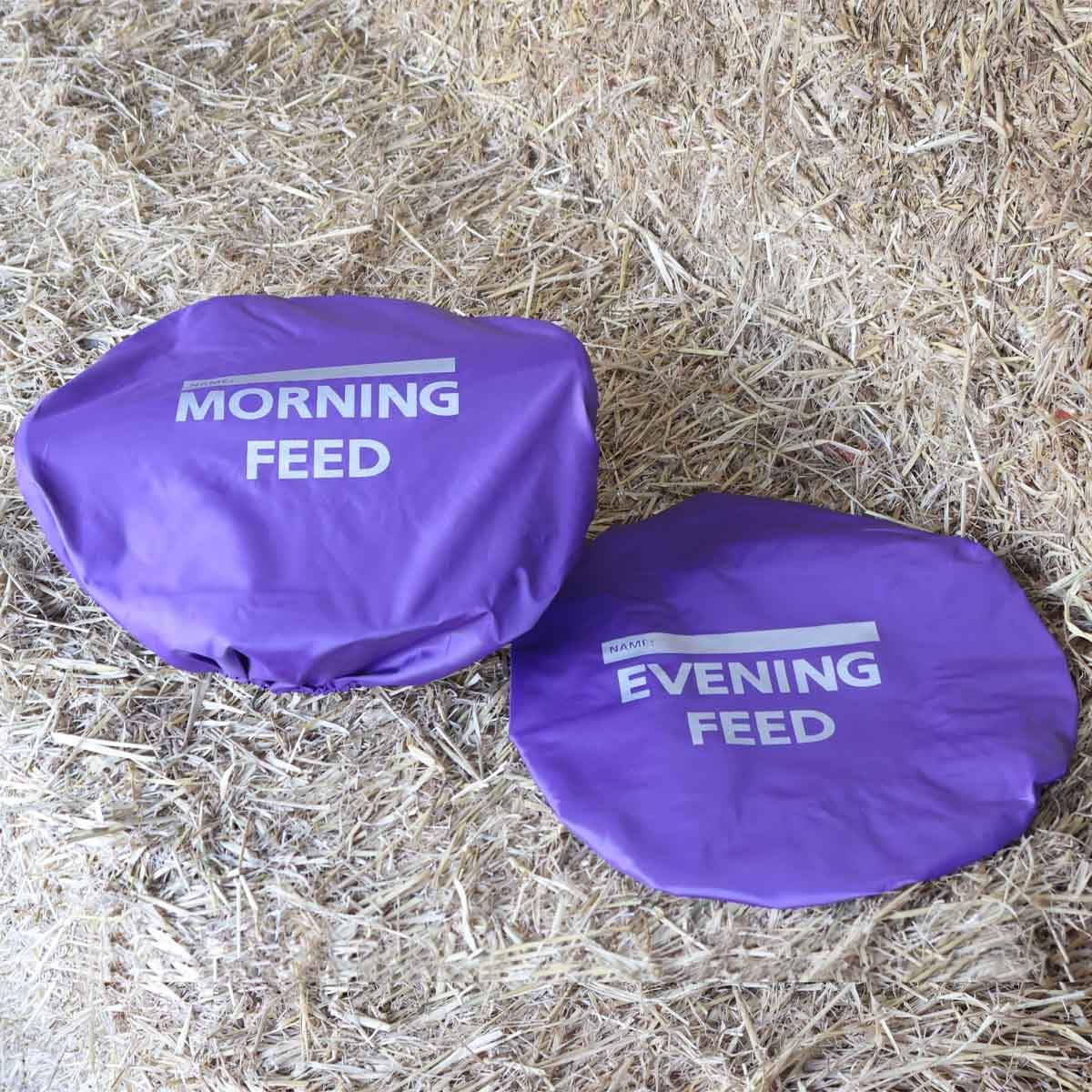 Masta Polyester Bucket Covers for Feed Room - Morning & Evening Labels, Elastic Edge Fit, Stretches to 50cm - Set of 2, Purple — image 1