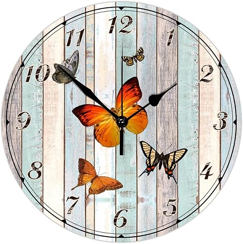 Reloj de pared redondo de madera con mariposas voladoras sin tictac, reloj de pared ligero estilo vintage, adecuado para sala de estar, baño,