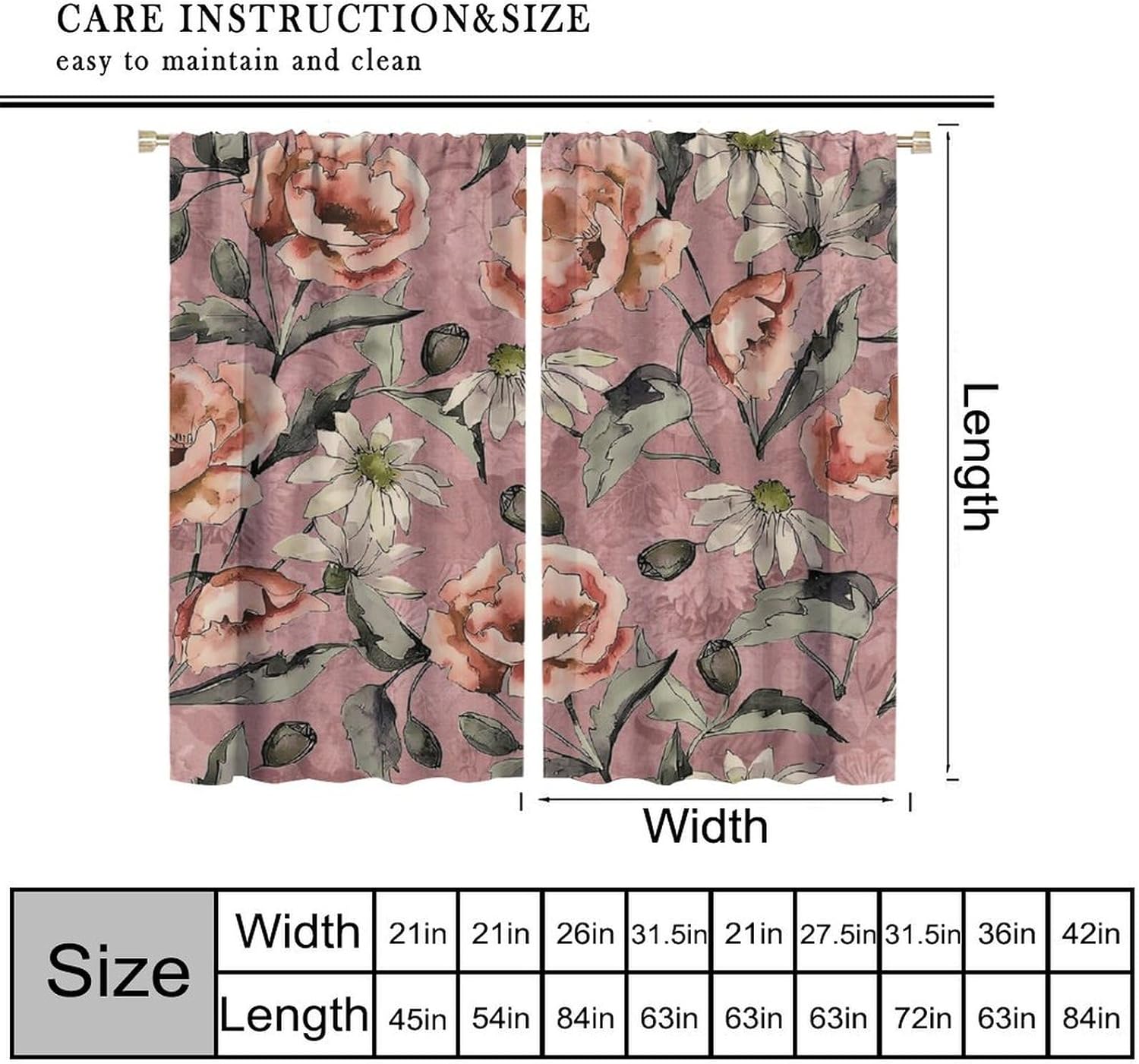 Nature Garden Curtain,Rustic Vintage Romance Watercolor Flower Daisy Floral Plant Blackout Rod Pocket Window Curtain,for Classroom Living Room Bedroom Kitchen Cafe Farmhouse 63" W X 72" L