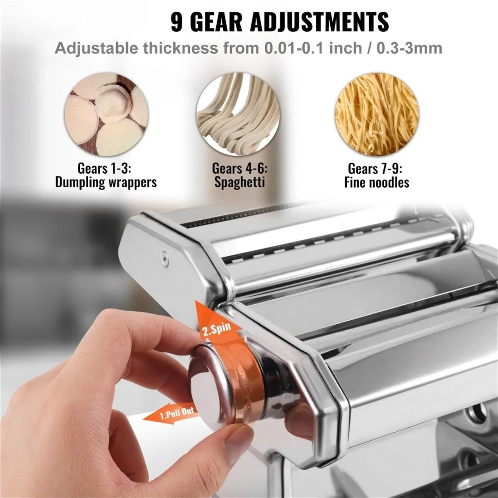 Nudelmaschine - Manueller Nudelmacher aus Stahl mit 9 einstellbaren Dickeneinstellungen für frische Pasta & Spaghetti