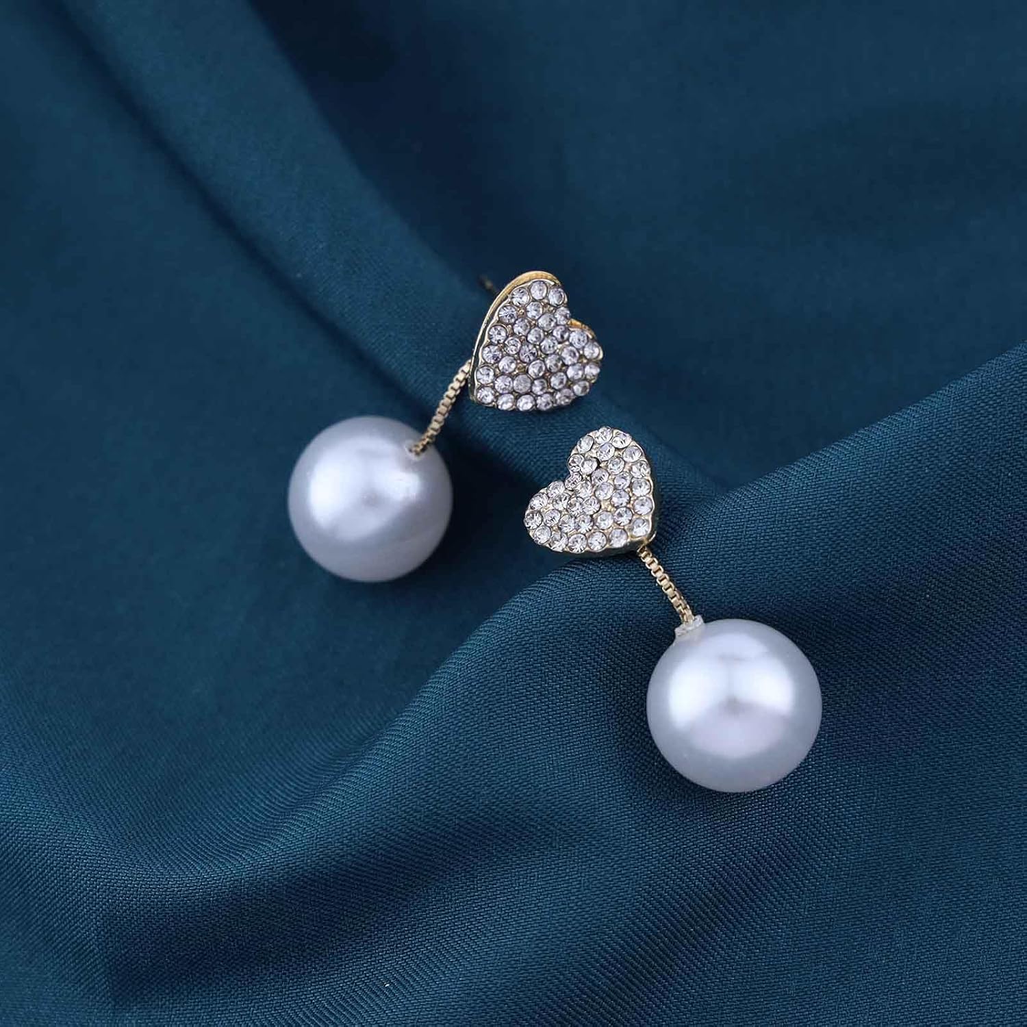 Vintage Crystal Pearl Ear Jacket Earrings Rhinestone Pearl Drop Earrings Gold Cz Heart Stud Earrings Sparkly Crystal Heart Earrings Jewelry for Women - Image 6