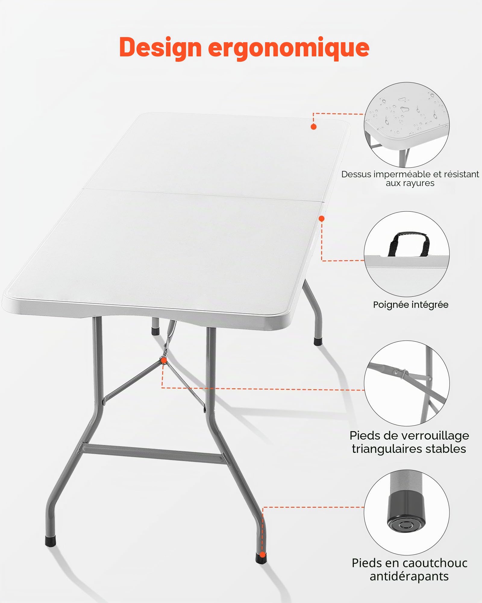 VEVOR Table Pliante Rectangulaire en Plastique, Table Utilitaire Portable de 180 cm, Solide et Stable, avec Poignée Intégrée, pour Soirée, Pique-Nique, Camping, Intérieur et Extérieur, Blanche