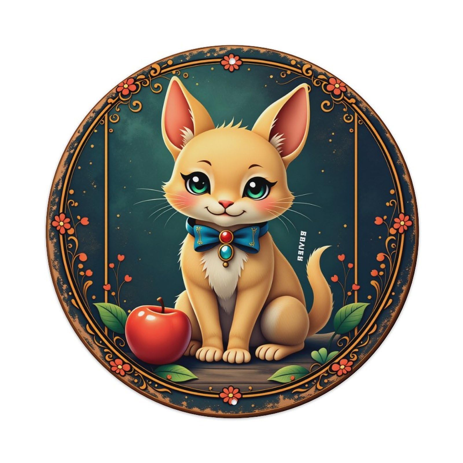 Cute Cat With Apple And Bow Round Tin Sign Vintage Style Metal Sign Home Bar Garden Wall Plaque Decor Metal Poster 8x8 Inch