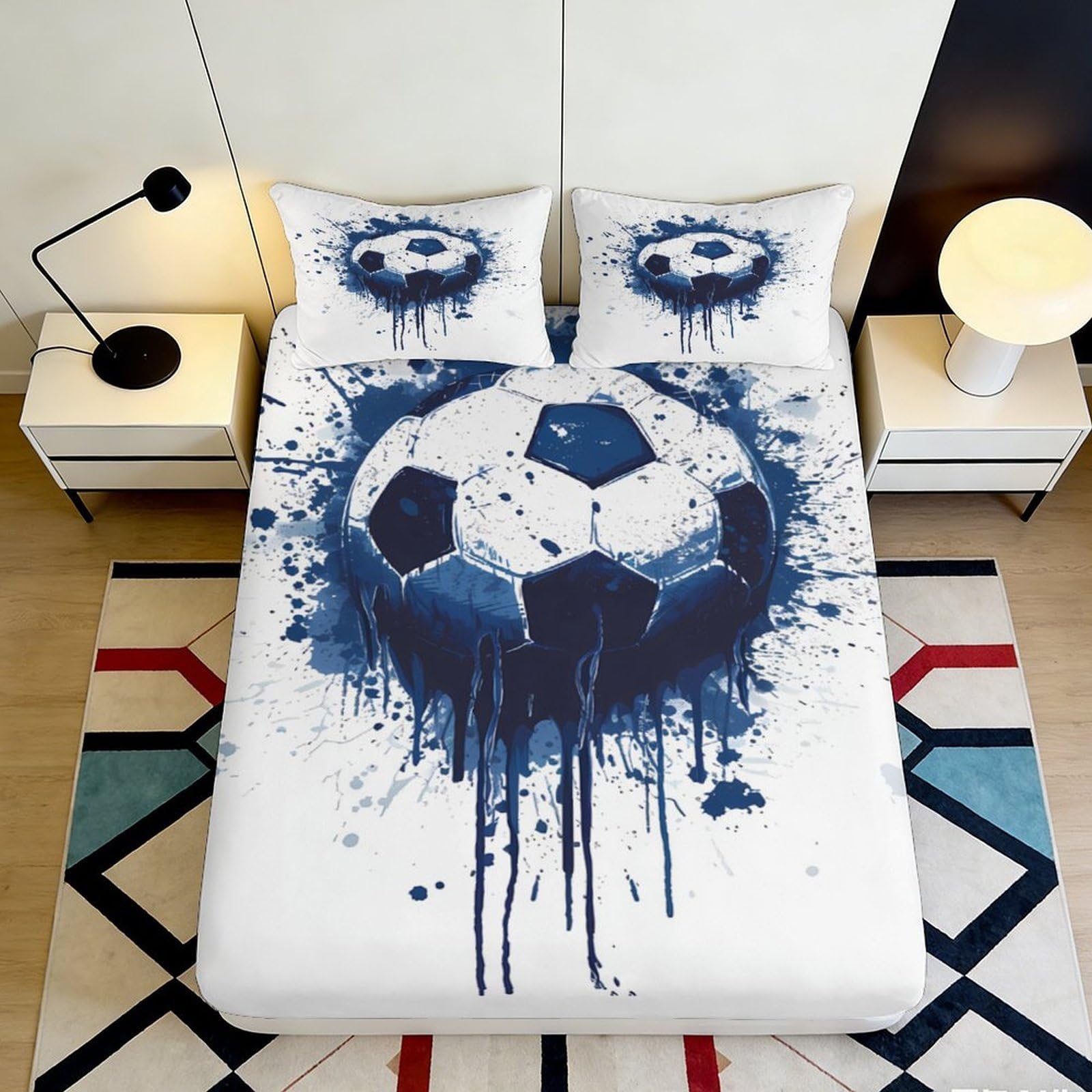 Pnayamiorkfel Style-3 3D Printed Blue Watercolor Soccer Ball Fitted Sheet Microfiber Non Slip Bed Cover For Bedroom Guest Room Decor 90X200x25cm