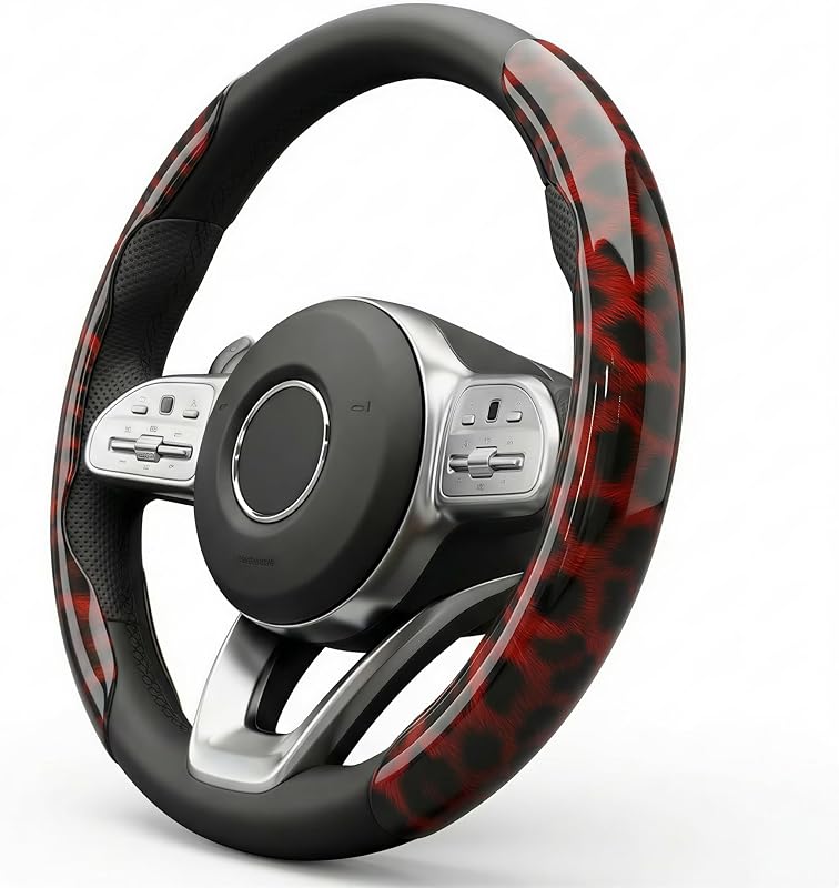 Capa para Volante com Estampa de Leopardo em ABS, Encaixe por Presilhas, Vermelha, para Volantes Redondos e D-Shape