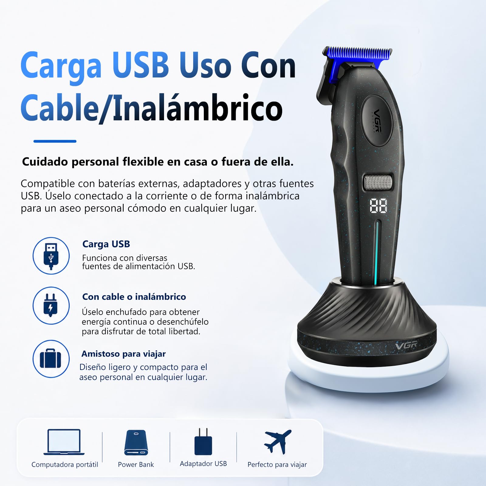 VGR 887T Máquina de Cortapelos Profesional, 6 Velocidades, 9000 RPM, Negro | Recortadora de Contornos 6 Niveles, Cuchilla de Cerámica Desmontable y Lavable para Hombre, Base de Carga