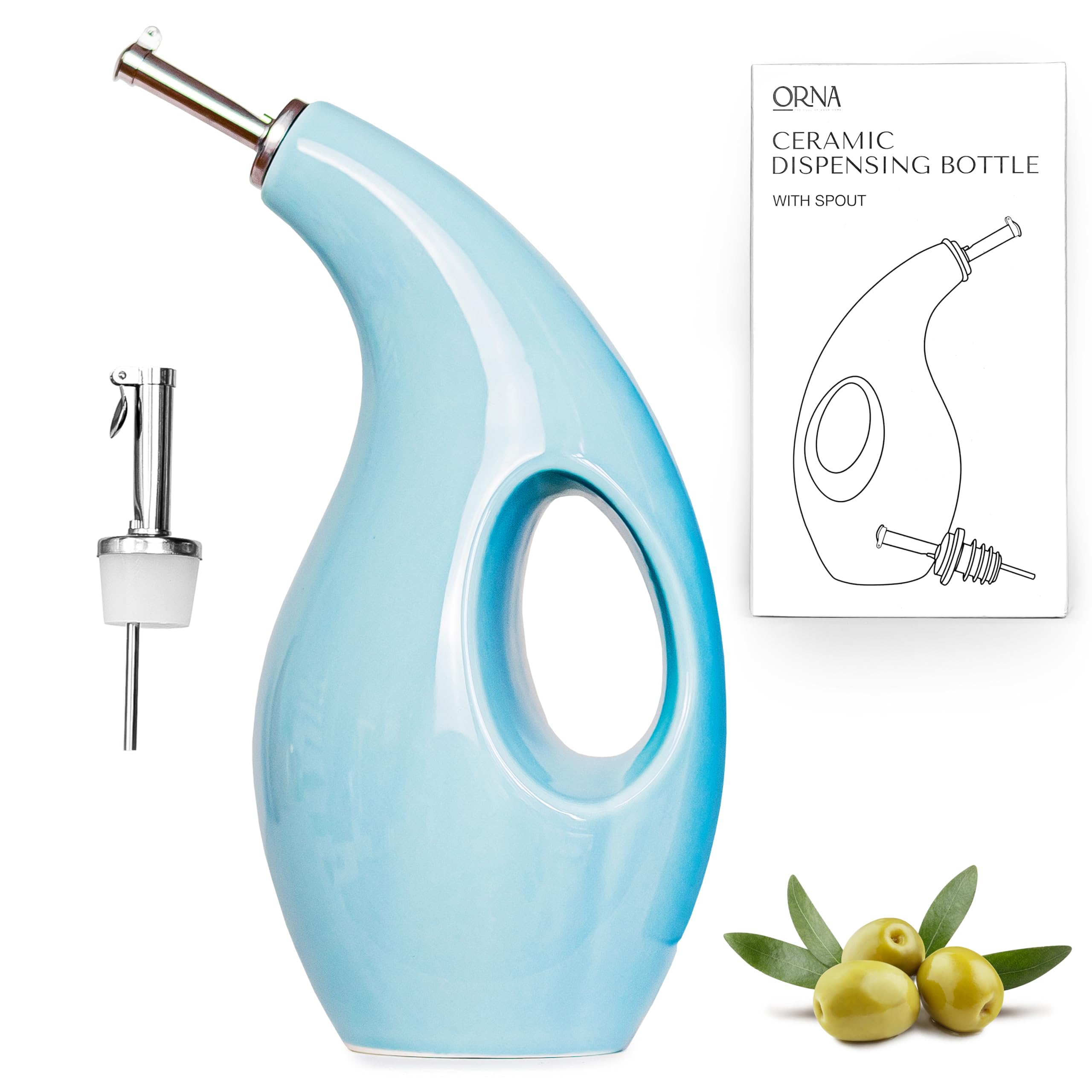 ORNA Ceramic Oil Dispenser Bottle with 2 Pourers – 700ml / 24 Oz Oil Drizzler – Cooking Oil Dispenser Bottle for Kitchen with Stainless Steel Spouts – Turquoise