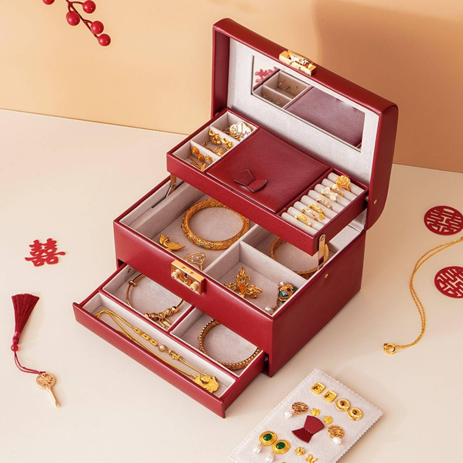 Schmuckkoffer Schmuckkästchen Schmuckbox Schmuckschatulle mit Herzschloss aus PU Und Weichem Samtfutter Mehrstöckig mit Fächern Ringen Und Ketten