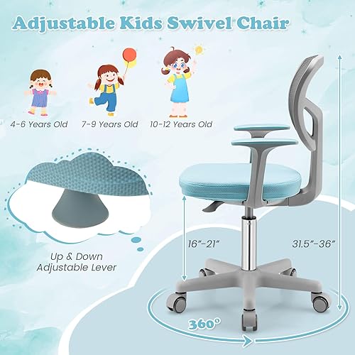 Miniatura 40 de Giantex Silla de escritorio para niños, silla de computadora para niños con ruedas y soporte lumbar en forma de Y, asiento de estudio para niños,
