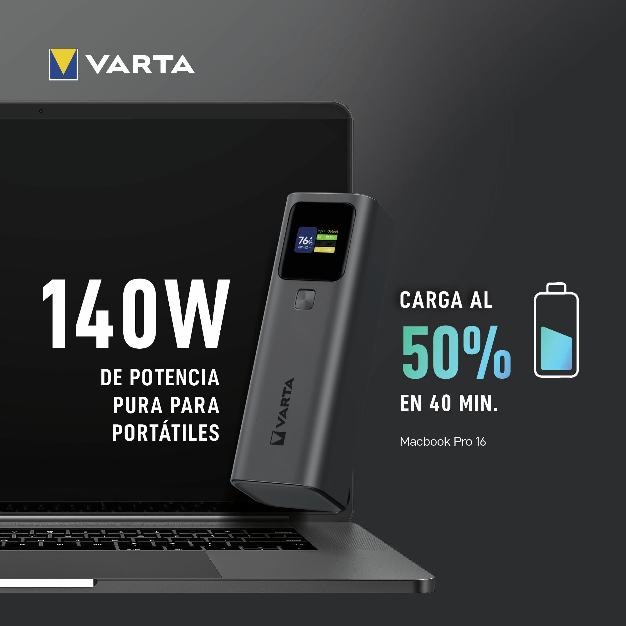 VARTA Batería Externa 27000mAh, Carga ultrarrápida de 140 W, 3 Puertos (2X USB-C; 1x USB-A), Compatible con Ordenador portátil, Smartphone y Tableta, Pantalla Digital, Incluye Cable de 140 W. | para Laptop, smartphone, Tablet y Drohne, 2x USB C PD, 1x USB