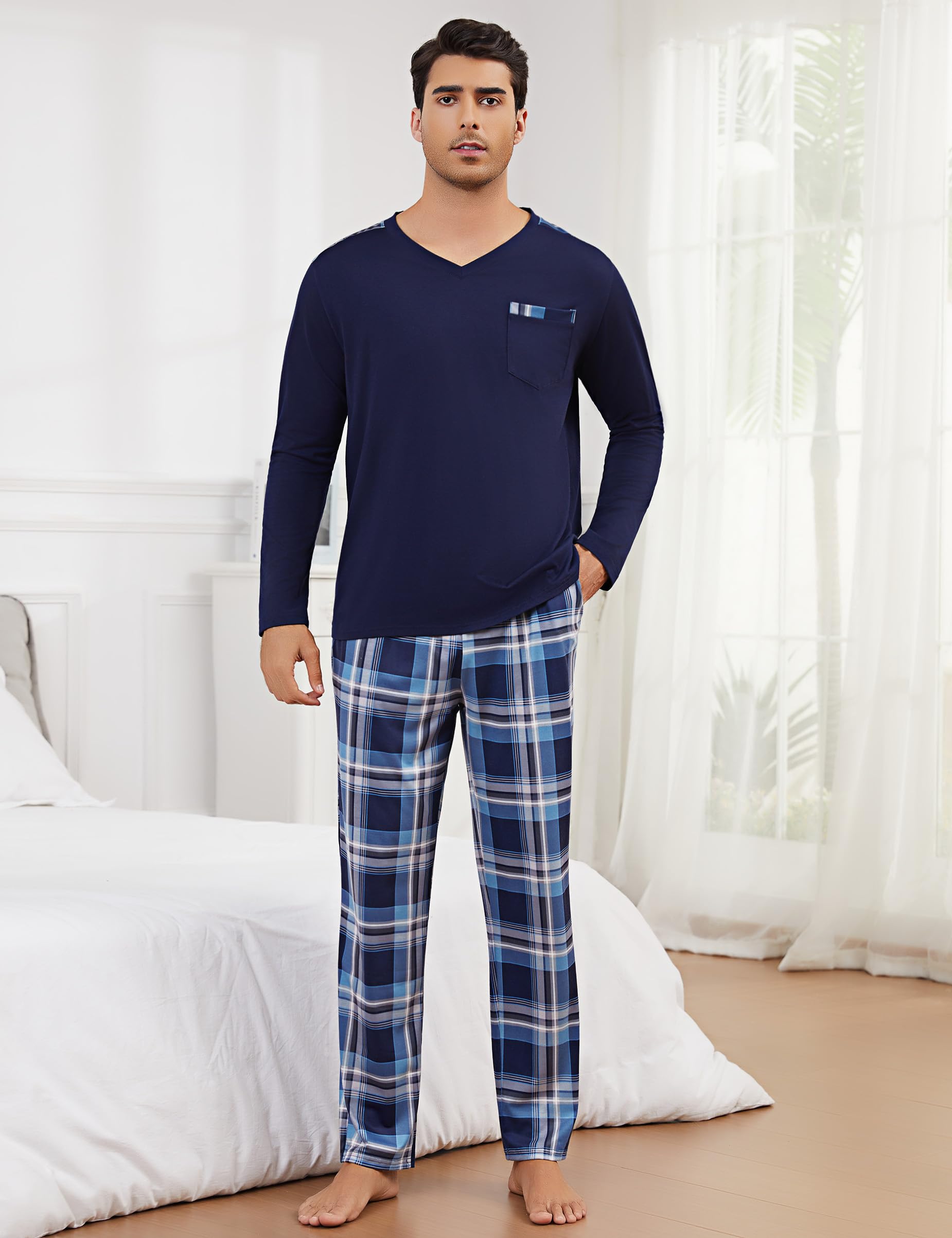 Litherday Pijama Hombre Invierno Algodón Conjunto de Pijama Hombre Manga Larga Camiseta con Bolsillos y Largo Pantalones de Pijama