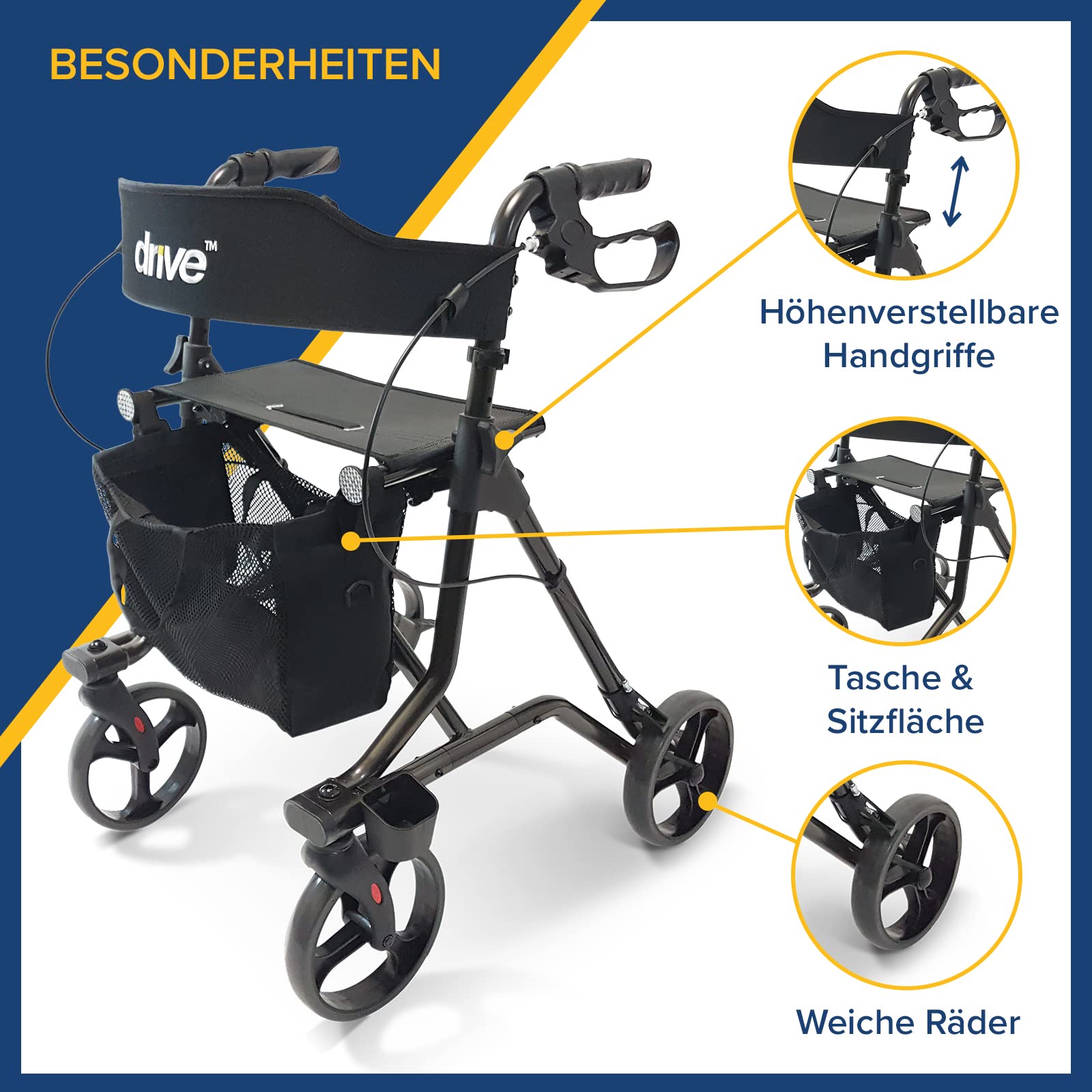 Drive Medical Rollator TORRO in Rot für Indoor und Outdoor Nutzung I Stabile Gehhilfe mit Sitz und Rückenlehne I mit Ablagekorb und Gehstockhalter I 6,9kg Aluminiumgestell, belastbar bis 150kg