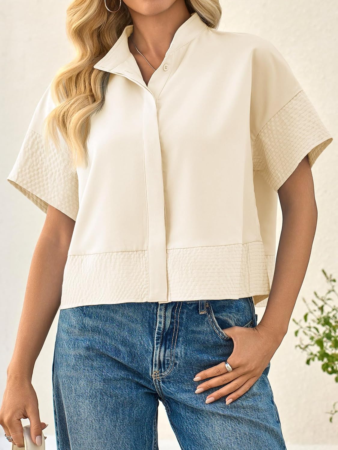 Cicy Bell Womens Cropped Short Sleeve Button Down Shirts Pleated Summer Dressy Casual Blouse Stand Collar Loose Fit Tops - Image 3