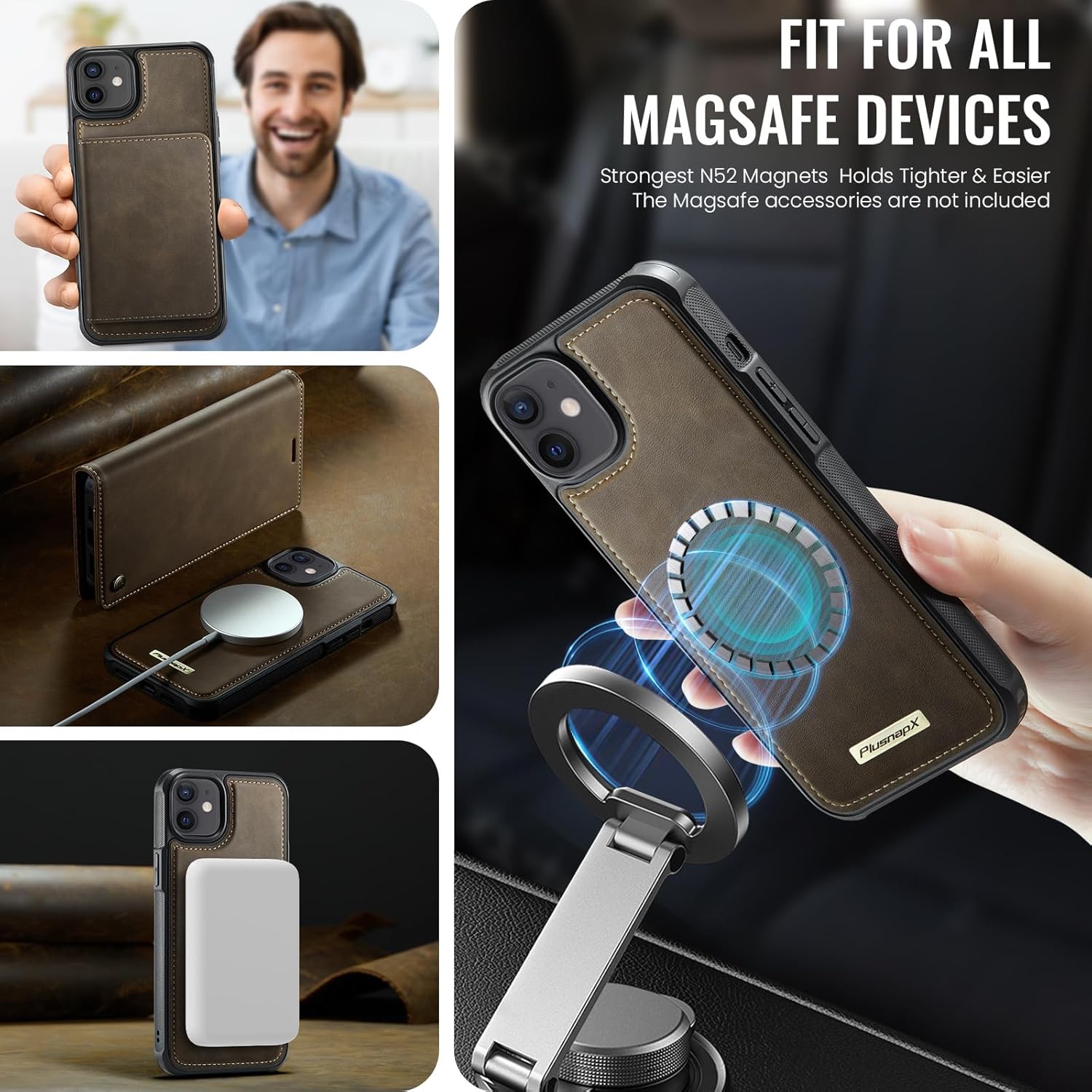 Wallet Case for iPhone 12 / iPhone 12 Pro Compatible with Magsafe, 2-in-1 PU Leather Flip RFID Blocking Card Holder Stand Shockproof Magnetic Detachable Cover for iPhone 12 Pro Case, Brown